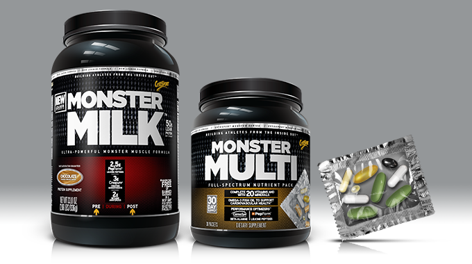 Monster Milk & Monster Multi powder tubs, plus capsule packet