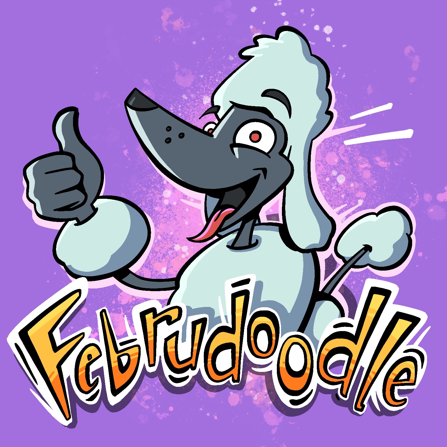 An illustration of a smiling cartoon poodle enthusiastically giving a thumbs up. The word "Februdoodle" is drawn in a lively font below. The letters are yellow and orange, and the poodle is a blue-ish gray with puffy, very pale blue fur.
