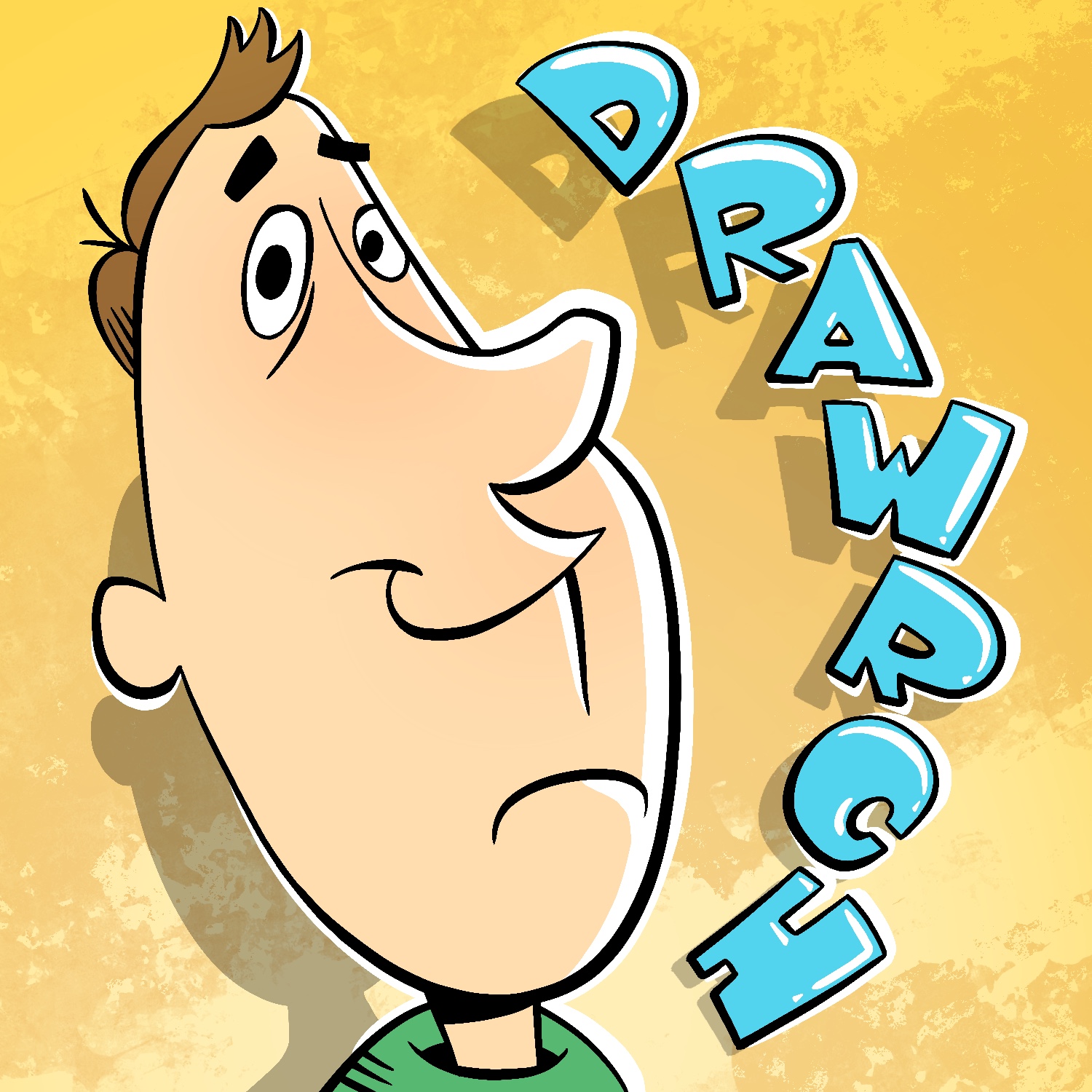 A retro-styled cartoon illustration of a man with a long face smiling and looking at the viewer. The man has a tuft of brown hair and is wearing a green shirt. The word "Drawrch" is written in chunky blue letters vertically down the right side of the image. The background is a textured yellow.