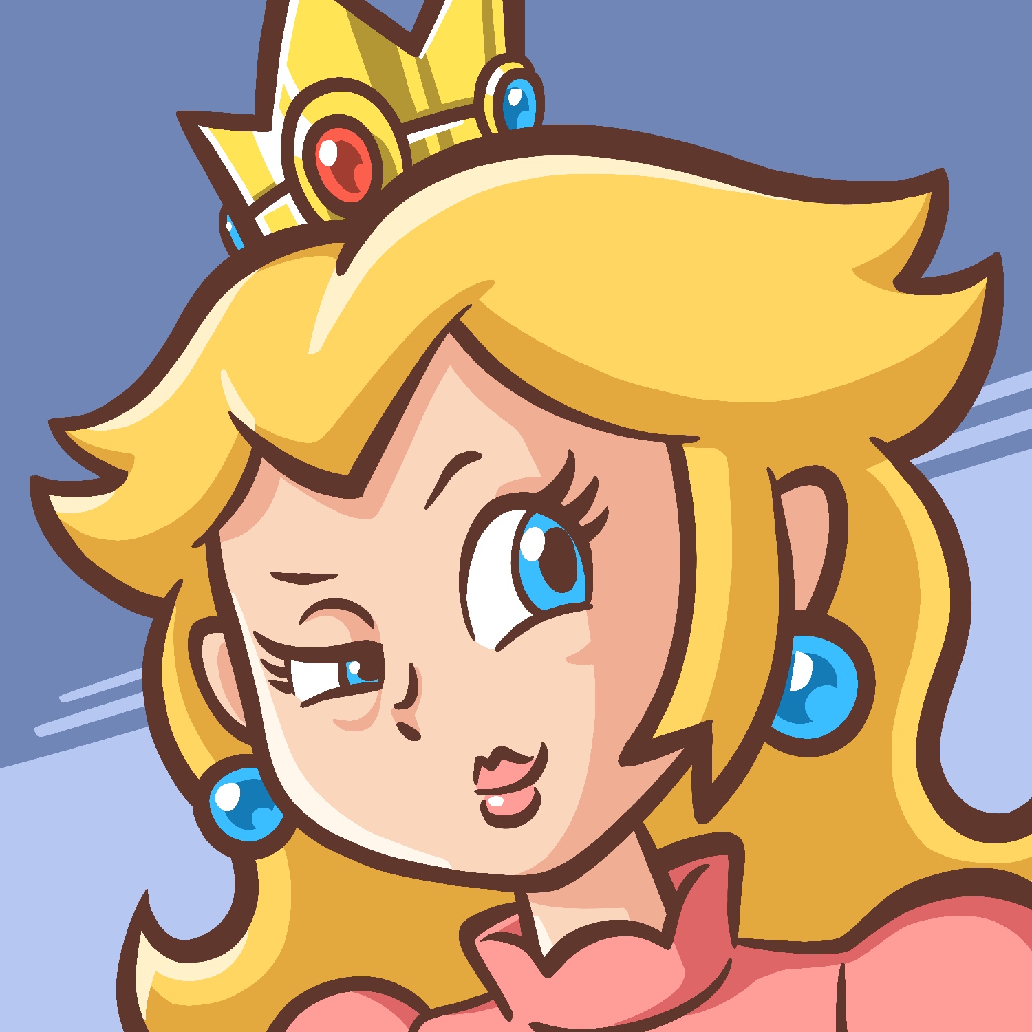 An illustration of Princess Peach from the Super Mario Bros. universe. She is drawn as a cartoon with the traditional light complexion, blond hair, blue eyes and earrings, and pink dress. A small, jeweled crown rests on the top of her head, and she is looking away to the right mischievously.