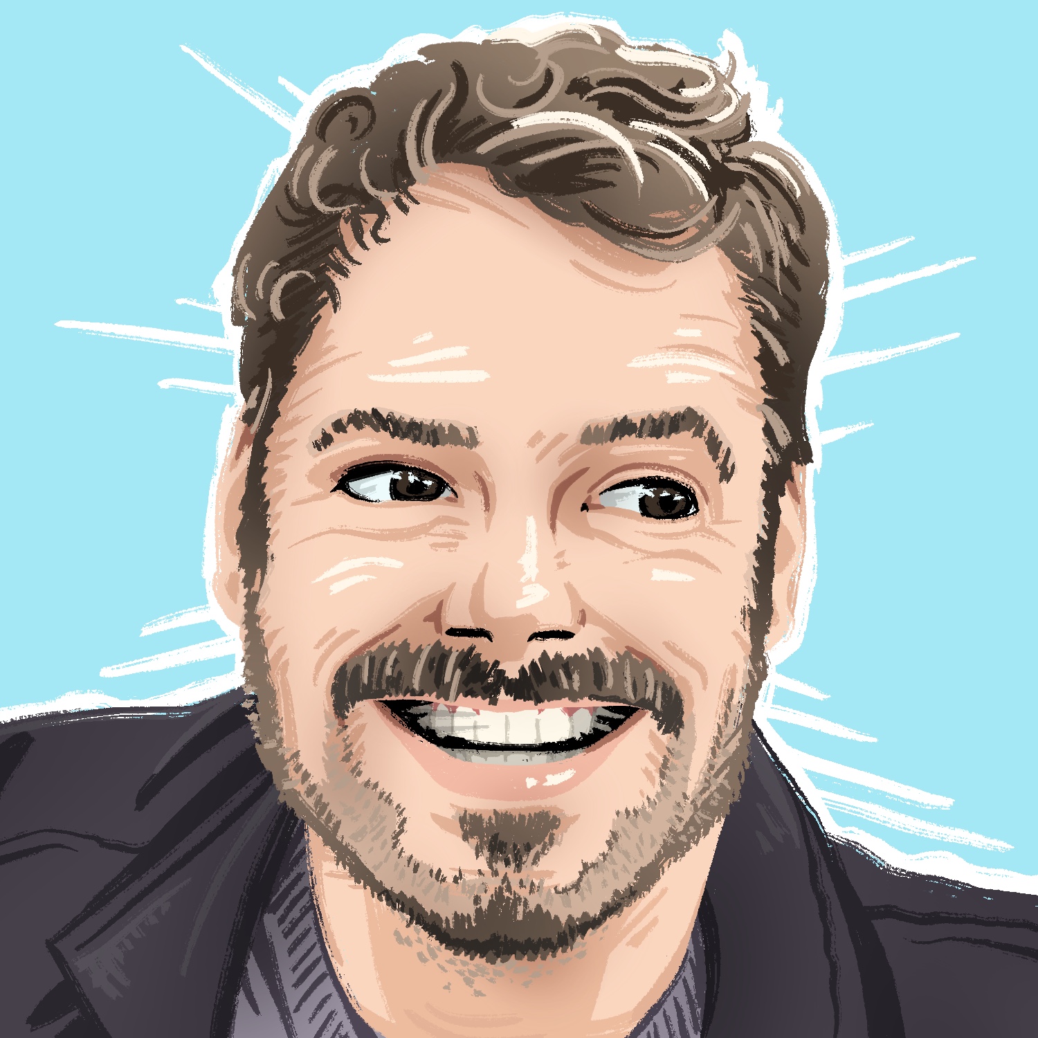 An illustration of a man laughing. The man has a light complexion, dark eyes, short wavy brown hair, and a mustache and goatee with beard stubble. His face is pointed at the viewer, but his eyes are looking to the right. He is wearing a dark coat and top and is drawn over a light blue background.