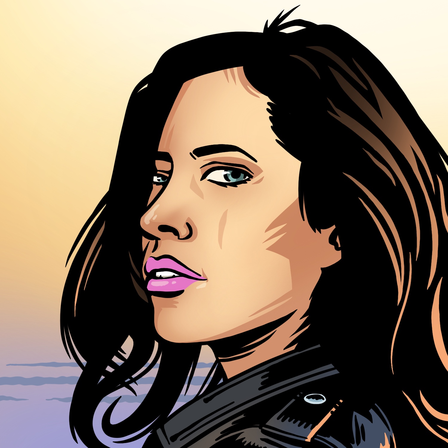 An illustration of a woman facing to the left, looking back at the viewer. The woman has a light complexion, teal eyes, and dark hair. She has pink lipstick on and is wearing a dark leather jacket. Her hair has a bright orange highlight on the right, and the background is a blur of sunset sky and land. The drawing is done as a comic book style, with harsh black shadows and outlines.