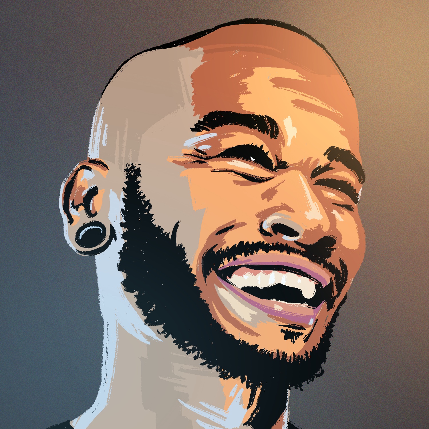 An illustration of a man laughing. The man is facing to the right and has a medium-dark complexion, dark eyes, a shaved head, and light beard and mustache. His mouth is open and smiling, and his eyes are squinted nearly shut. He is lit by a bright orange light on the right. The angle of the image is from slightly below.