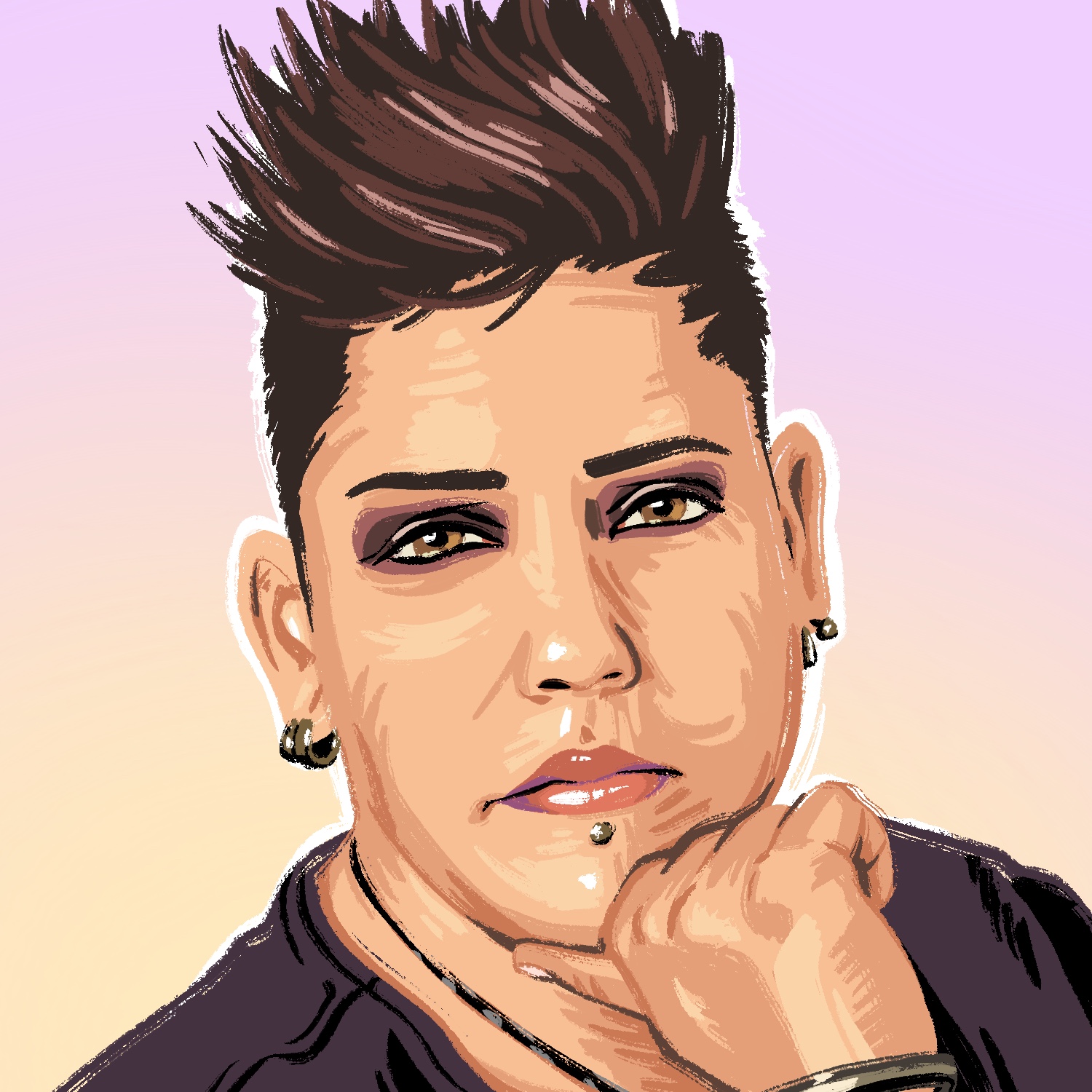 An illustration of a woman with a medium complexion, short dark hair up in a spikey do, and brown eyes. She is frowning slightly but her mouth looks almost like it might smile. Her head is resting on her hand and is looking directly at the viewer. She has on a dark top and the background is a light purple that fades to a faint gold at the bottom.