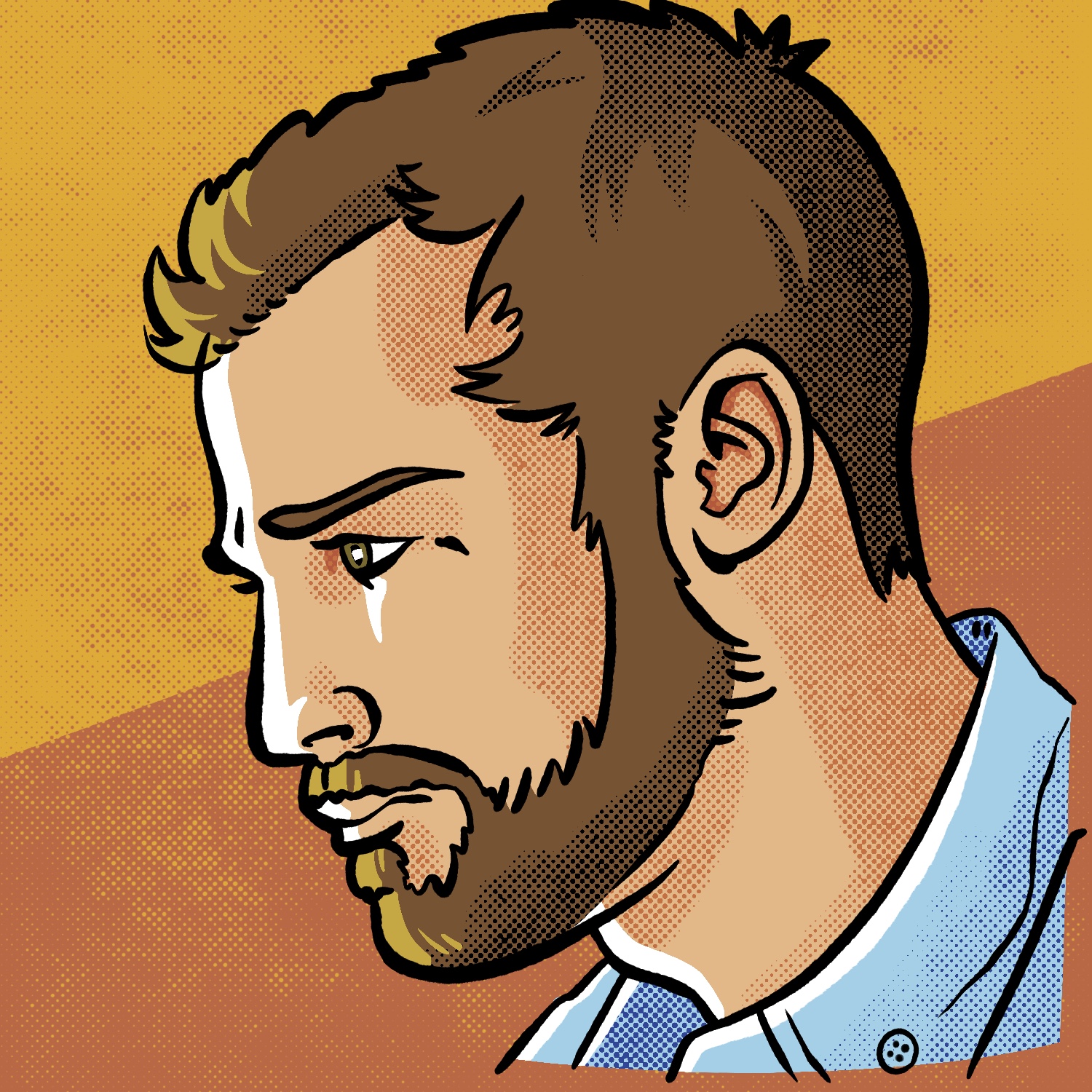 An illustration of a man looking down to the left, at an un-pictured monitor, drawn in comic book style. The man has a light complexion, hazel eyes, and brown hair. He has a mustache and beard, and is wearing a blue collared shirt. A bright light is illuminating the front of the man's face. The drawing is shaded flat, and given some dimension with halftone patterns. The background is an orange-red cut in the middle with a mustard yellow on top.