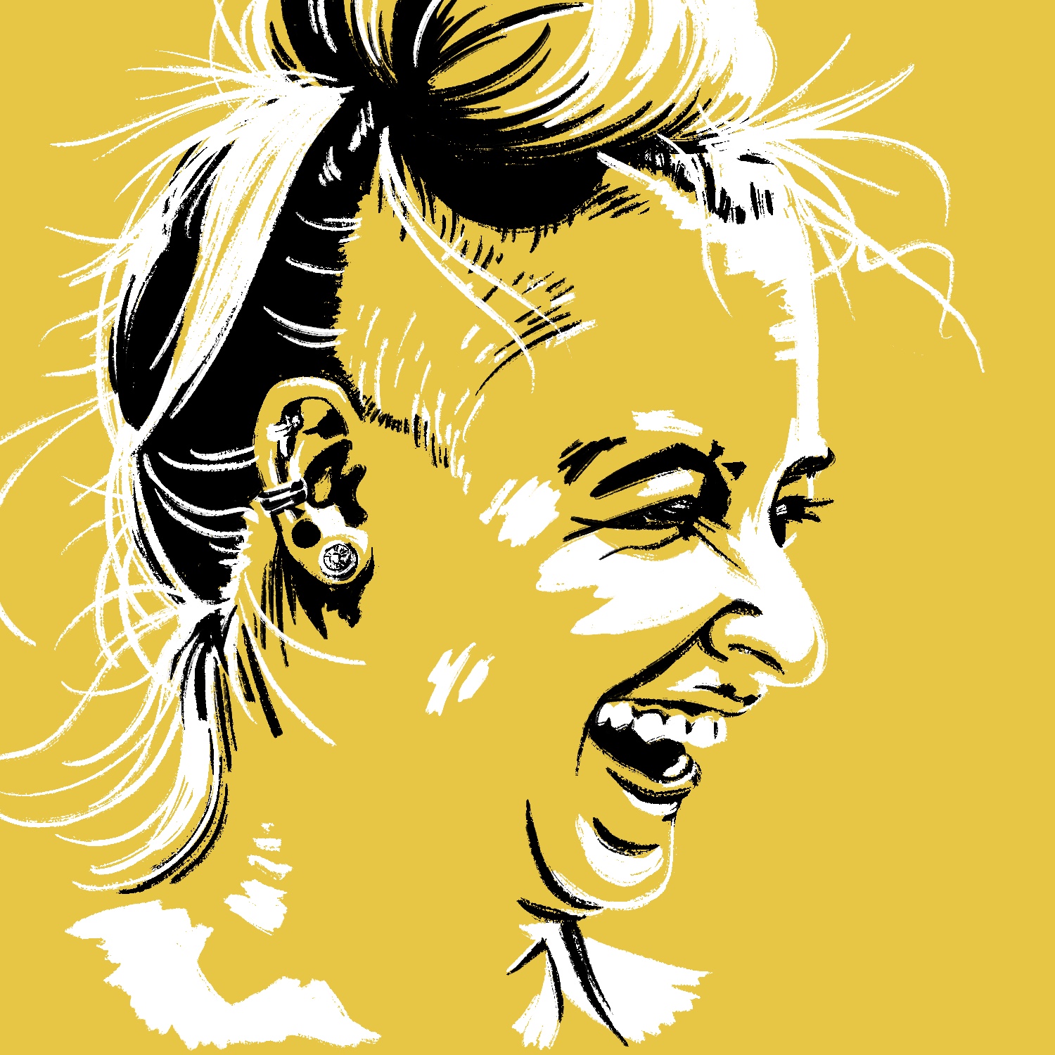 An illustration of a woman laughing. The drawing is done in a style where only the highlights and shadows are drawn over the background color, which is a medium-dark yellow. The highlights and shadows are pure white and black. The woman is facing to the right and has her mouth slightly open. Her eyes are squinted. She has multiple earrings in her ear, and her hair is up, with stray hairs sticking out everywhere.