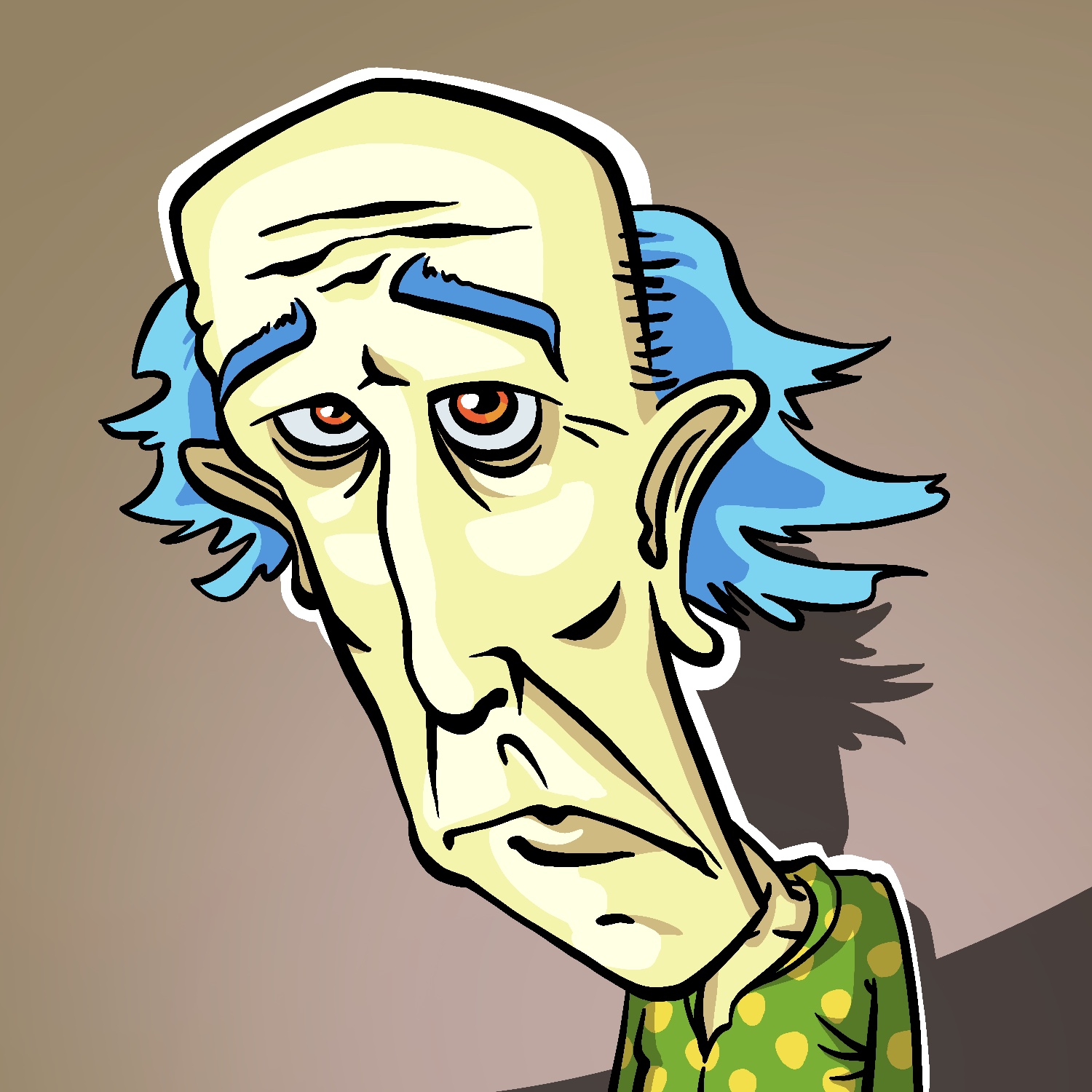 An illustration of an old man with a long, distorted face. The man has a light, green-yellow complexion, red eyes, and scraggly blue hair with a bald top. He looks gaunt and has a neutral expression on his face. He is facing to the left and his head is distorted forward at the top. He is wearing a green and yellow polka-dot shirt that is open near the top, and a harsh light illuminates him from the left.