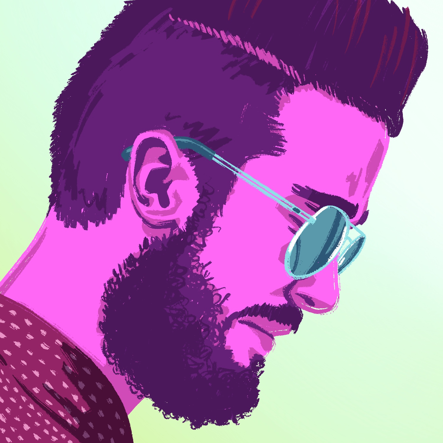 An illustration of a man in profile, wearing sunglasses, and looking down, presumably at a cell phone. The man has a mustache and beard, and thick dark hair that is styled high. He is squinting slightly, and has a solemn look, but his expression is mostly unreadable. He is wearing a spotted shirt. The image was rendered in unrealistic colors, with the man in pink and purple and the background a very light green-blue.