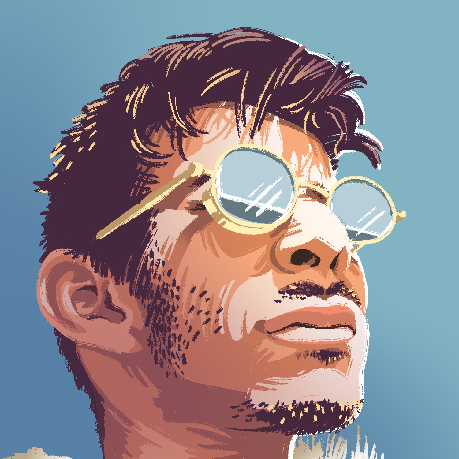 An illustration of a man wearing sunglasses and looking out into the distance. The man has a medium complexion and dark hair. He has a light mustache, goatee, and stubble. His face is lit brightly from the front, and the view of the image is from slightly below him.