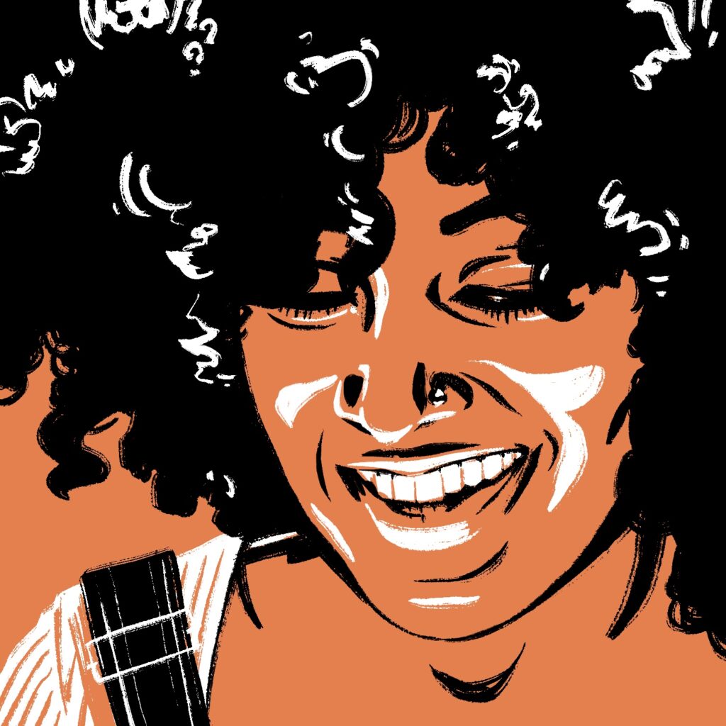An illustration of a woman looking downward and laughing. With her head pitched forward, her eyes are not visible except for a small glint of light in one eye. She has a stud nose piercing and large, fluffy hair. She is wearing a white top and overalls visible on one shoulder. The drawing is rendered with a single color and only pure black and white used for shadows and highlights.