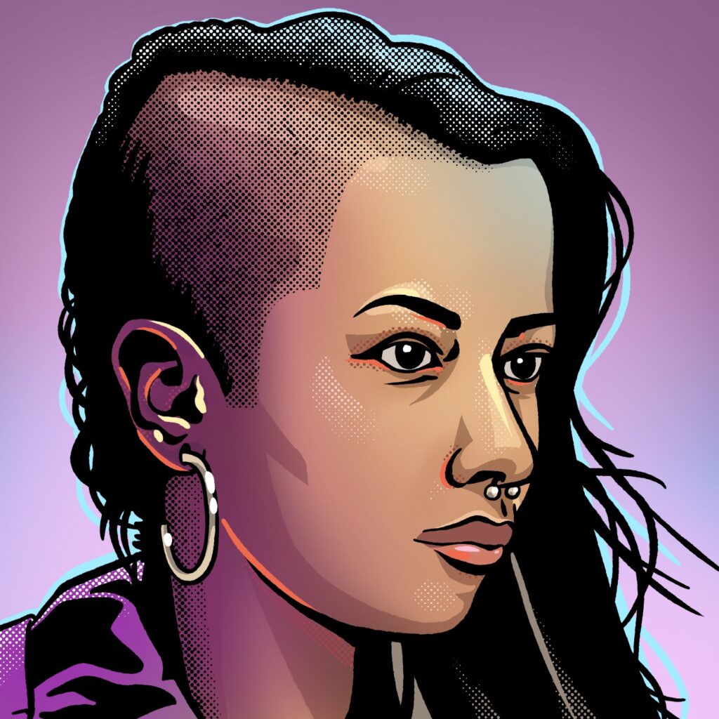 An illustration of a woman looking to the right. She has a medium-dark complexion, dark eyes, and long dark hair with an undercut, brushed down the opposite side of her head. She has a barbell earring through a septum nose piercing and large hoop earrings. She is lit from behind with a bright blue light and in a purple shadow on the left. The background is a light purple color.