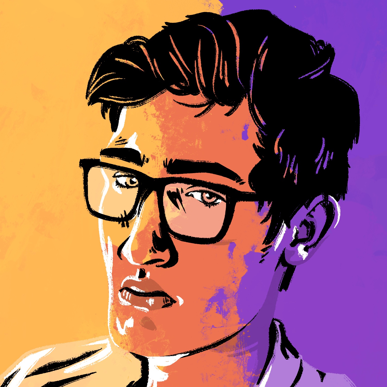 An illustration of a man with his head turned slightly away from the viewer, but with his eyes still looking this way. The man has a long face and dark eyebrows and hair. He has on a pair of glasses and has a neutral expression on his face. The drawing is rendered with the man highlight and shadow over a messy background of gold, red, and purple, which overlap onto him and give him extra bits of shading on the left and right sides.