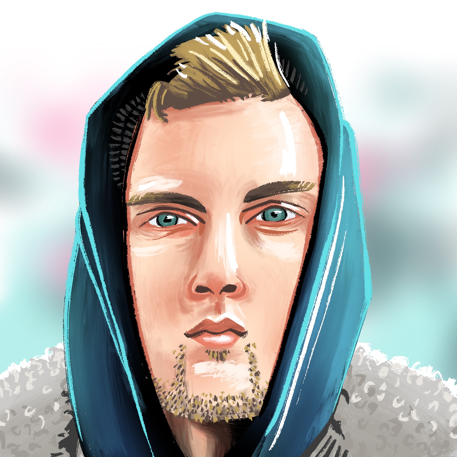 An illustration of a man wearing a dark blue hood, looking at the viewer. The man has a light complexion, blue-green eyes, and a tuft of blond hair sticking out from the opening of the hood. He has a small bit of stubble under his lip and on his chin. The shoulders of his sweatshirt are wool. The background color is a cold mix of light blue and some pink. The drawing is done in a painted, slightly stylized way.