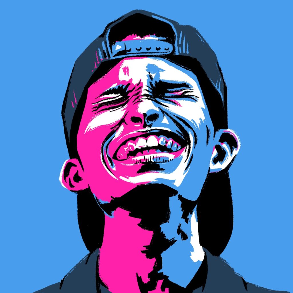 An illustration of a man laughing. The man is facing the viewer with his head tipped backward and his eyes are squinted tightly shut. His mouth is open. He almost looks like he could be wincing. He has a hat on backwards and a dark shirt, both of which are dark blue. He is lit with a harsh pink light on the left and a blue light on the right, with black and white shadows and highlights giving the drawing a posterized effect. The background is a flat blue.