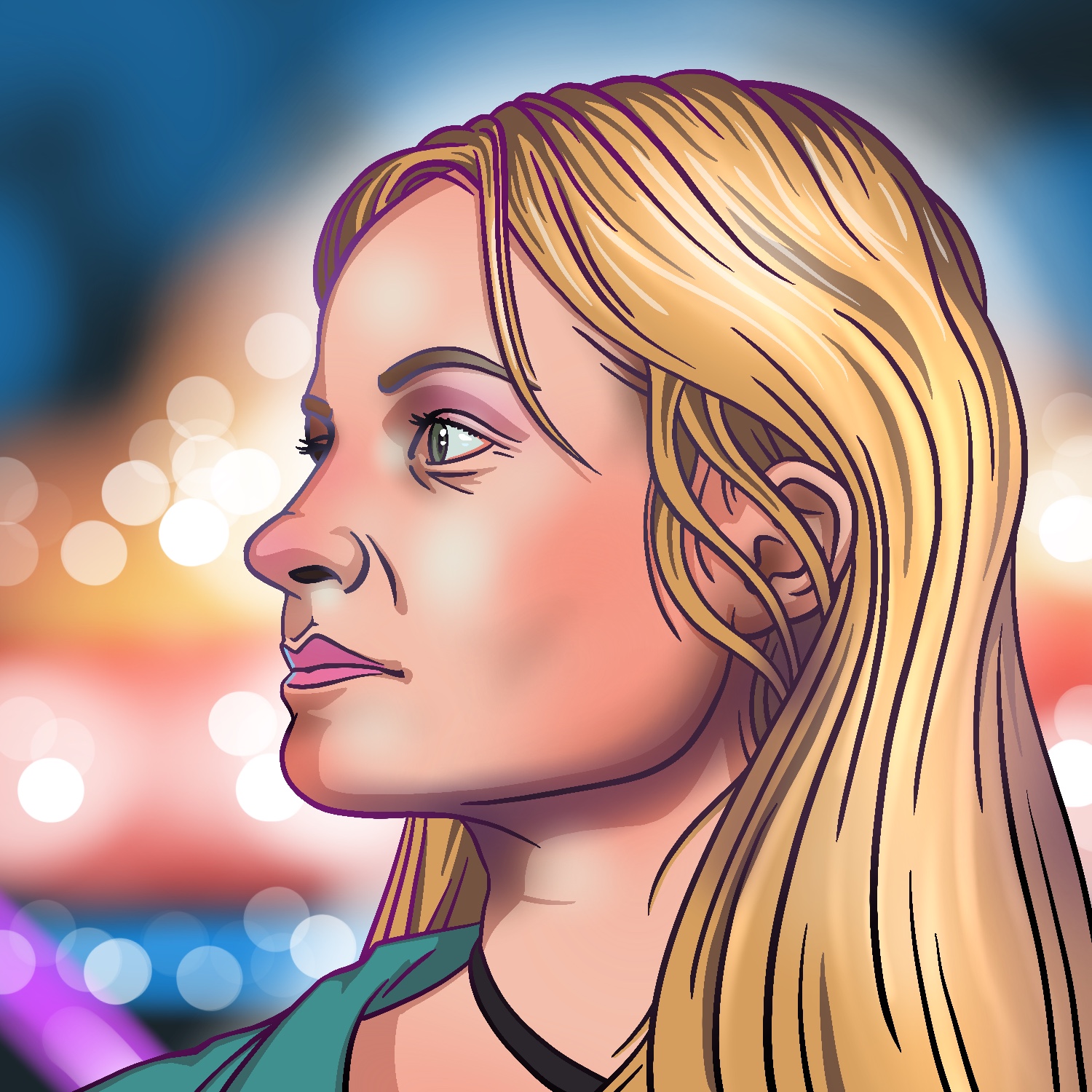 An illustration of a woman looking to the left. The woman has a light complexion, blond hair, and hazel eyes. She has a green top and black necklace, and she is lit by bright lights of a city at night. The background is a blur of color and points of light.