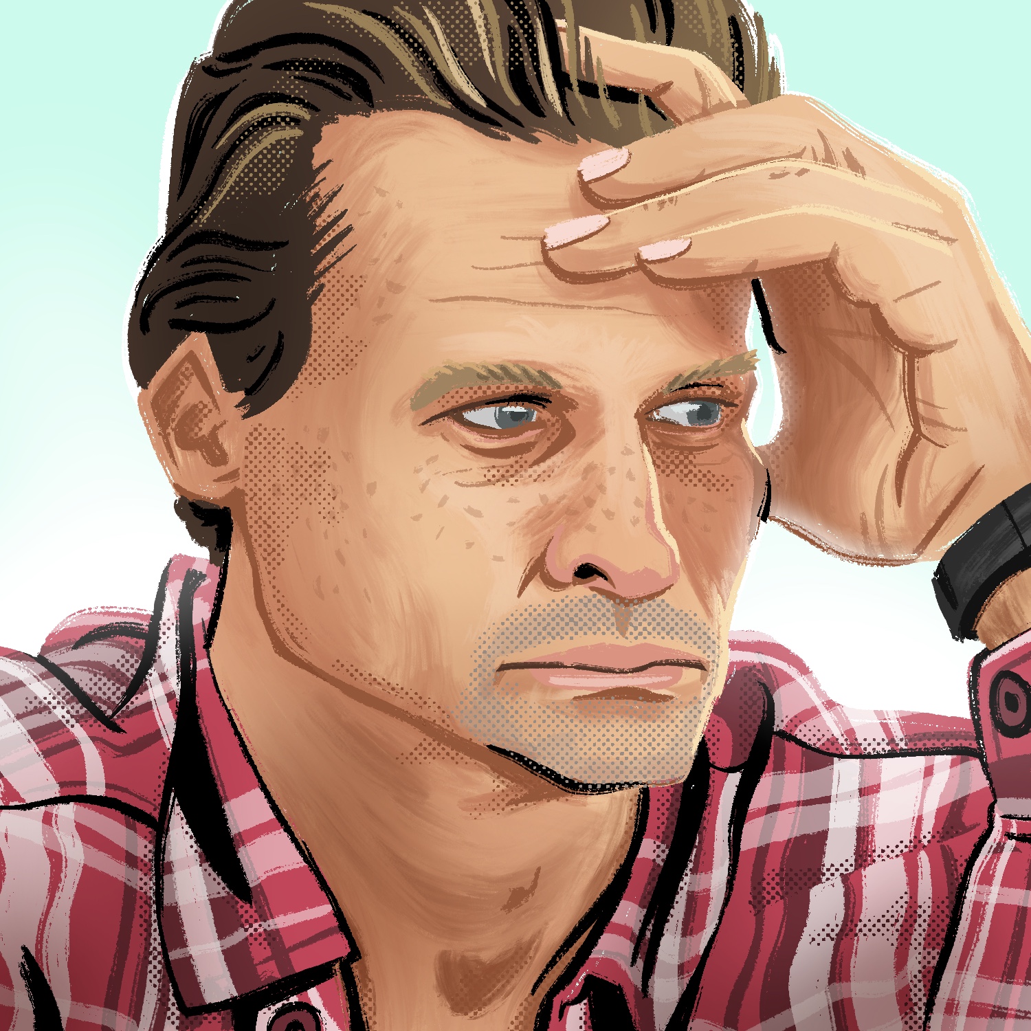 An illustration of a man looking to the right, with his hand on his head. He looks tired, and possibly deep in thought. He has a light complexion, blue eyes, and dark sandy hair that fades lighter towards the top. His hair is slicked back, and one of his fingers is stuck into it. The man is wearing a red plaid shirt and his shoulder are high, as if he is sitting and hunched over slightly. The background is a very bright sky blue that fades to white towards the bottom.