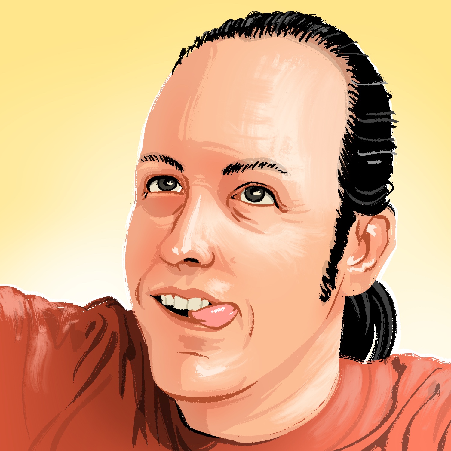 A self-portrait illustration of me! As pictured in the image, I am a man with a light complexion, dark eyes, and dark hair. I am looking up and slightly to the left, at an out-of-frame camera, and have my tongue sticking out of the right side of my mouth. My hair is long and pulled back into a ponytail, which you can see over my right shoulder. I have on a red shirt that is bunched up from my arm holding the camera, and the background is a pale yellow that fades to white towards the bottom.
