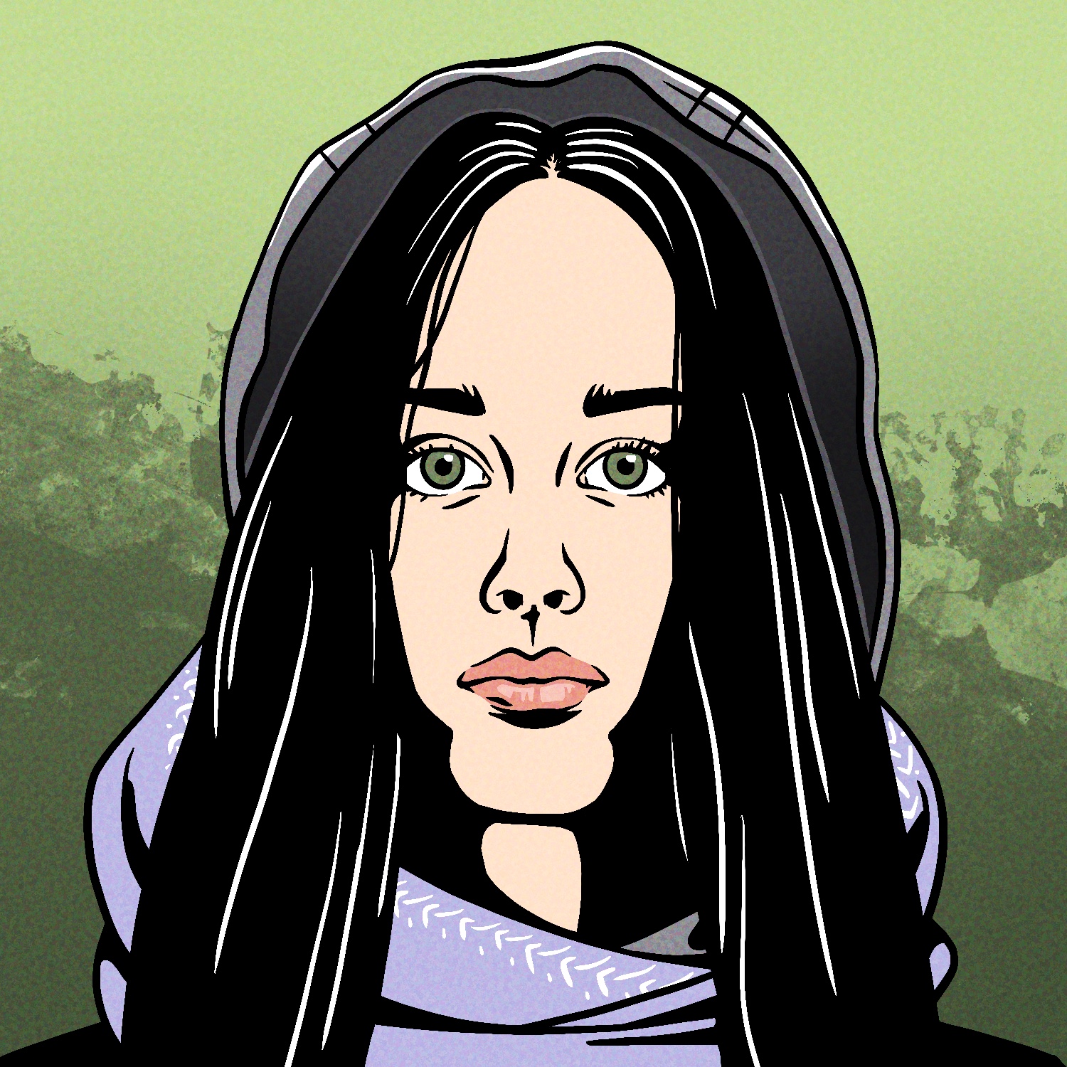 An illustration of a woman wearing a scarf and hood. The woman is staring directly at the viewer, with an expressionless face. She has a light complexion, black hair, and green eyes. The sides of her face are shrouded in a hard black shadow. The scarf is light lavender and the hood is gray. The background is an olive green.