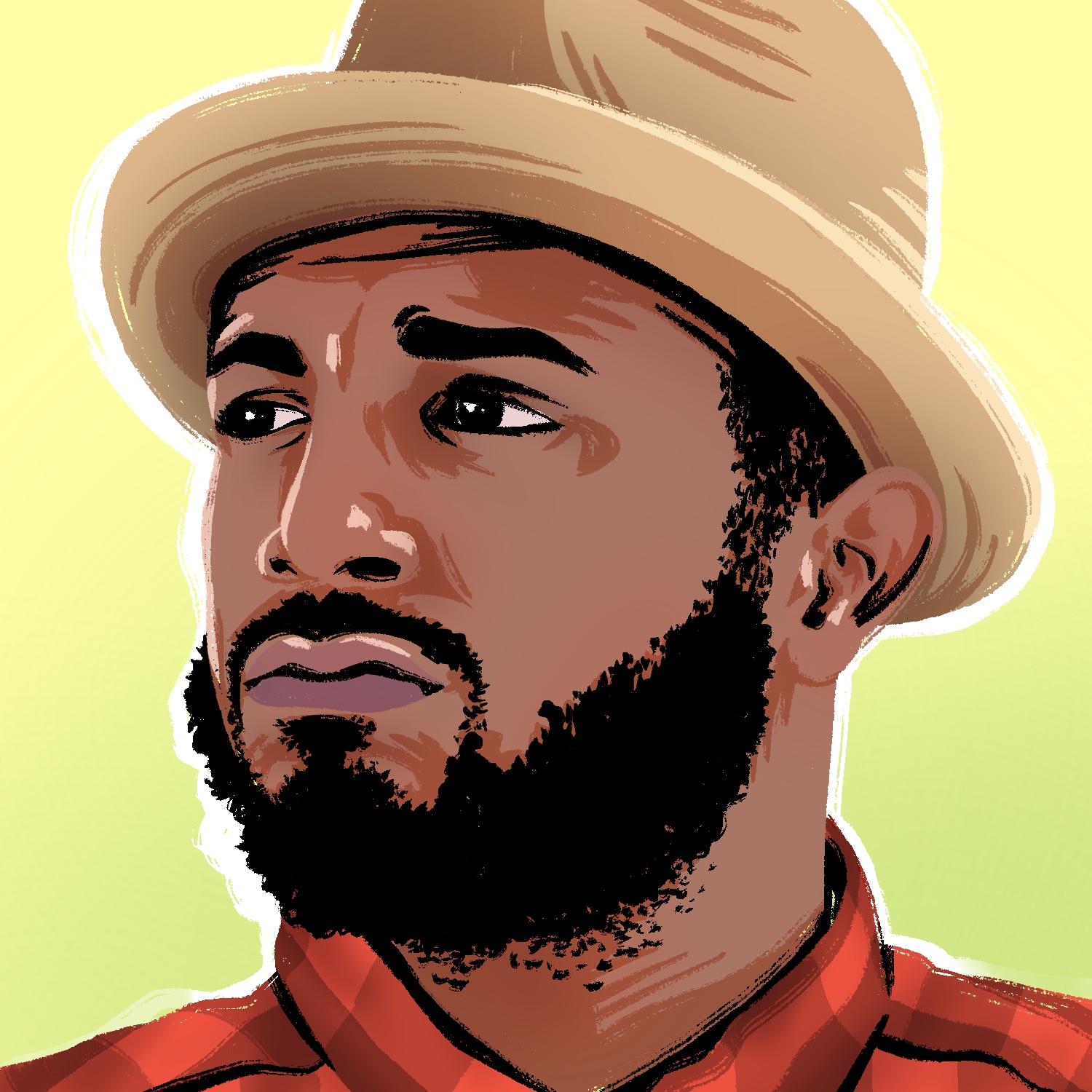 An illustration of a man wearing a red plaid shirt and a hat. The man is looking to the left, away from the viewer. He has a dark complexion, dark eyes, and black hair and beard. He has a look of mild concern. The background is a very light green that fades to yellow.