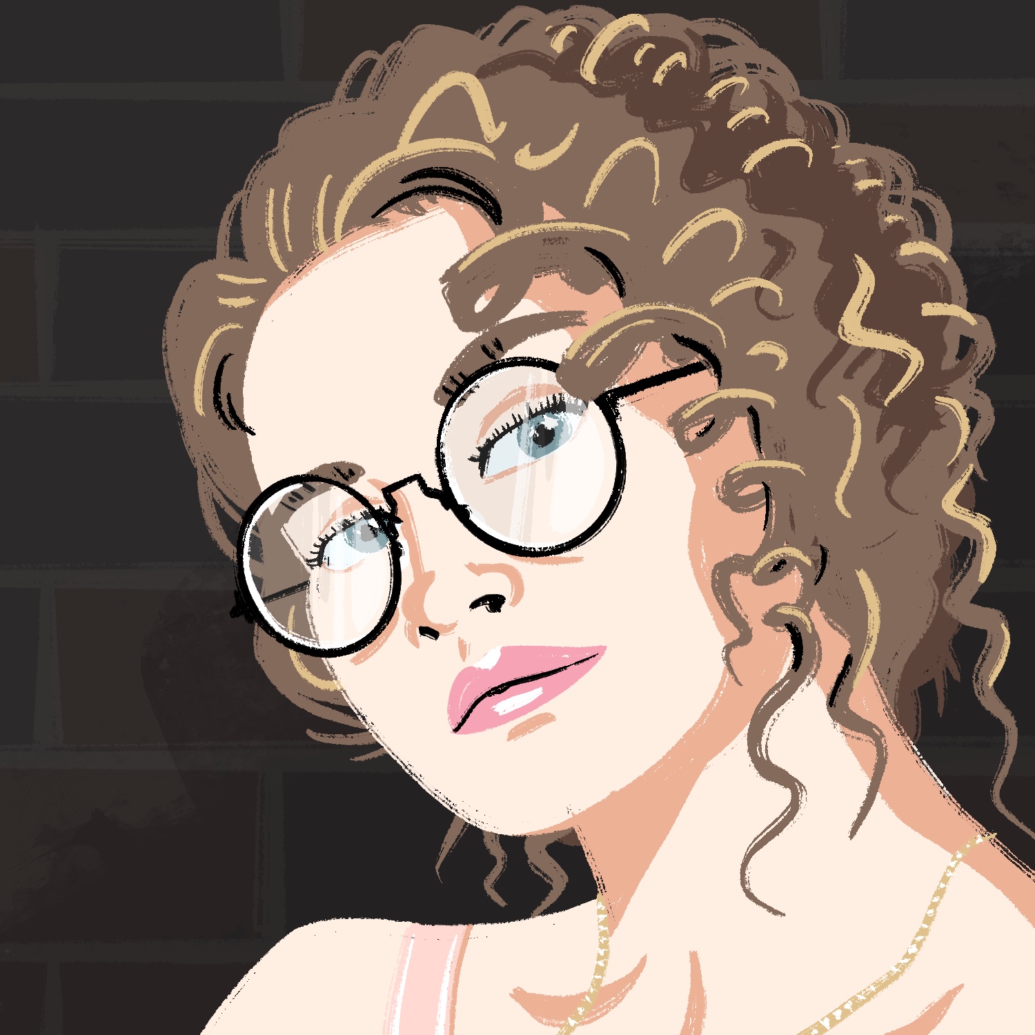 An illustration of a woman looking slightly sideways at the viewer, with her head turned and tilted a bit. She has a pale complexion, pink lipstick, blue eyes, and large glasses with round lenses. Her hair is brown and very curly. It is put up in the back, but many curls are falling down from her forehead over the side of her face.
