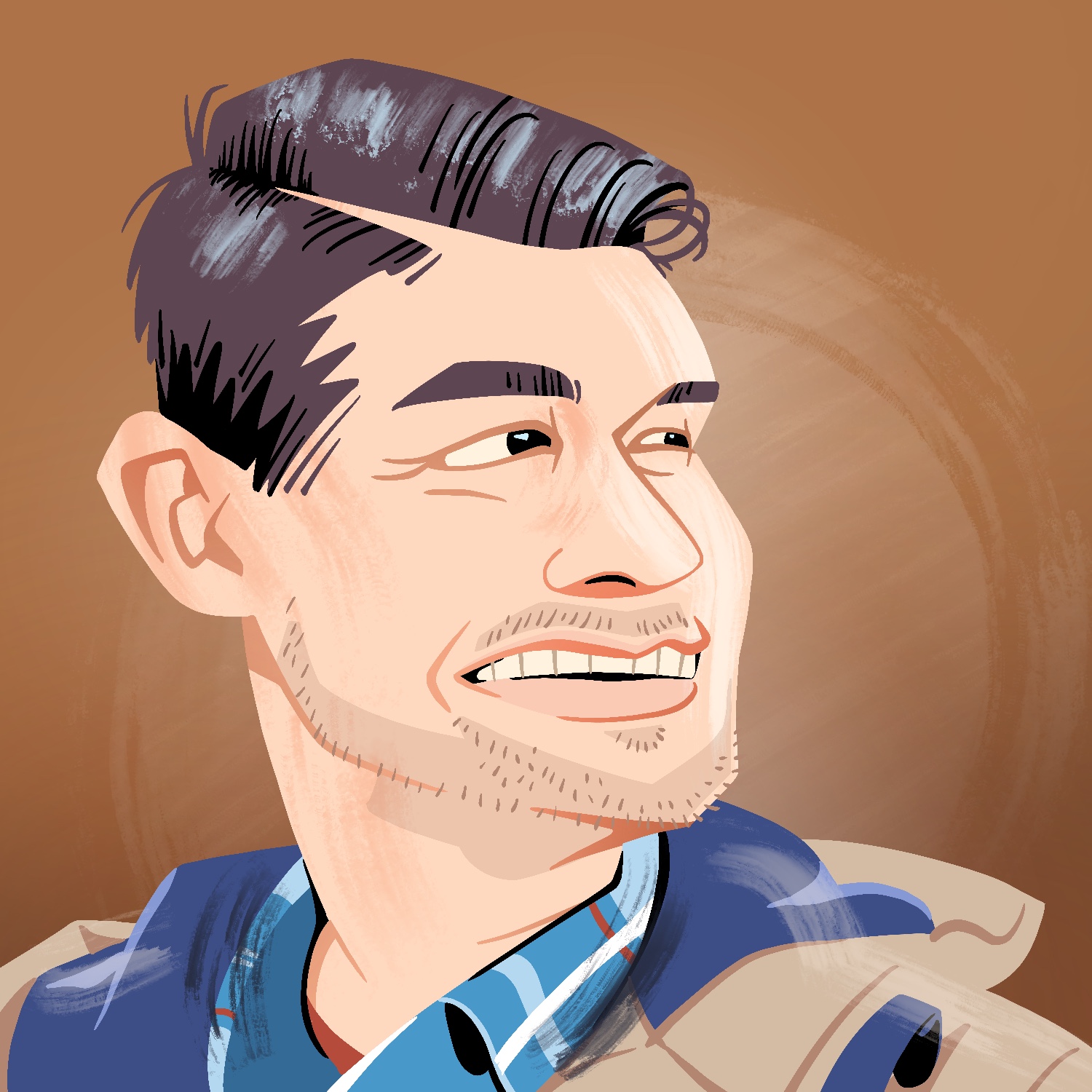 An illustration of a man looking to the right. He has a pale complexion, dark eyes, short dark hair that's parted on the side and oiled down, and a stubbled mustache, beard, and goatee. He is smiling slightly, and his face has been stylized like a caricature. He is wearing layers including a blue plaid shirt and tan coat. The background is a warm brown.