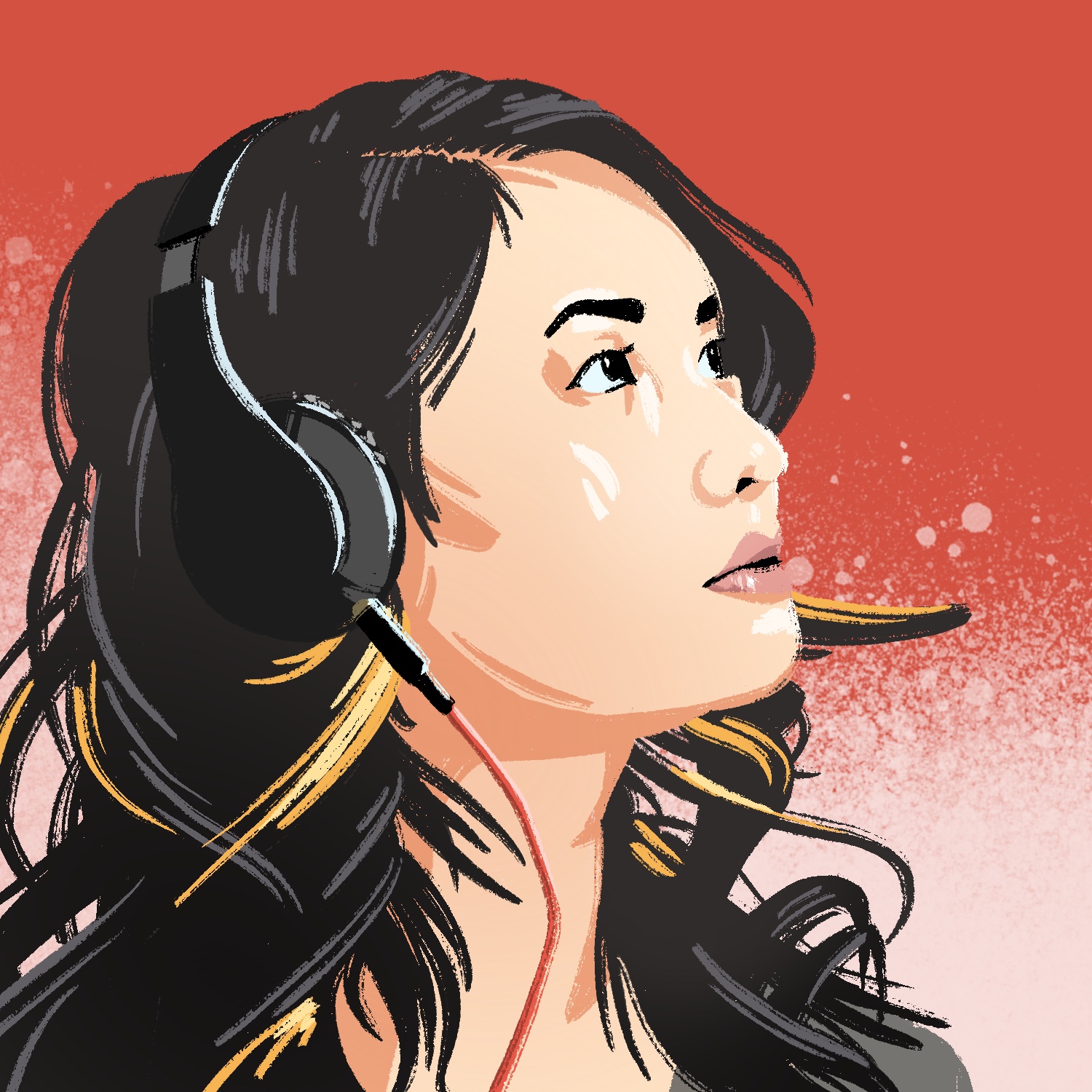 An illustration of a woman looking up and to the right. The woman has a light complexion and dark eyes and hair. She is wearing a gray top and has large, closed headphones on her ears. There is a red cord coming off of the earcup nearest the view, which falls off the bottom of the image. The woman's hair has a few blond highlights in it, and it is curly and wavy around the bottom as it gets near her shoulders. The background is a splotchy red fading downward to light pink.