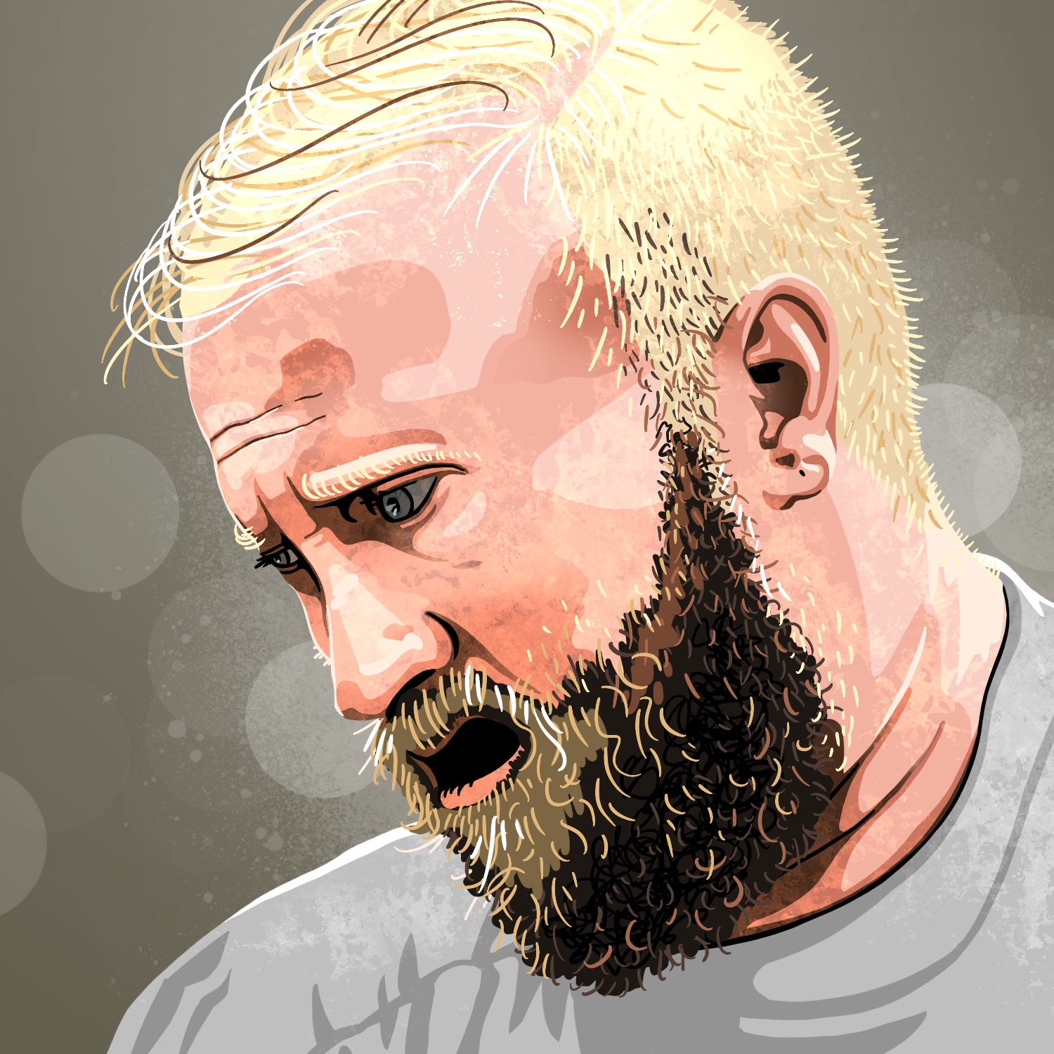 An illustration of a man looking down to the left in disappointment. The man has a light complexion and thin blond hair. He has a large beard that is dark at the roots and goes blond around his mouth and red up towards his ears. His mouth is slightly agape, and his face is in shadow. He has on a gray top and the background is just a dull, grayish-olive color with a faint, splattered glow.