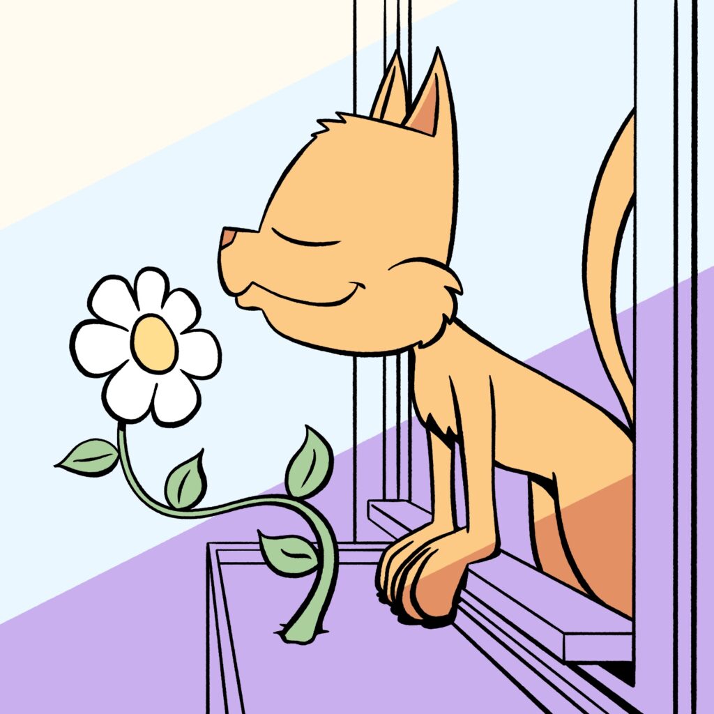 A cartoon illustration of a cat leaning out of a window to smell a flower. The cat is orange and shaded in a very simple way, with only a single shaft of shadow passing over its bottom quarter. Similarly, the entire scene has a parallel diagonal purple shadow across the bottom third, a pastel blue, and then a diagonal white at the top. The flower has large white petals and a gold center, with a long green vine leading it out away from the window.