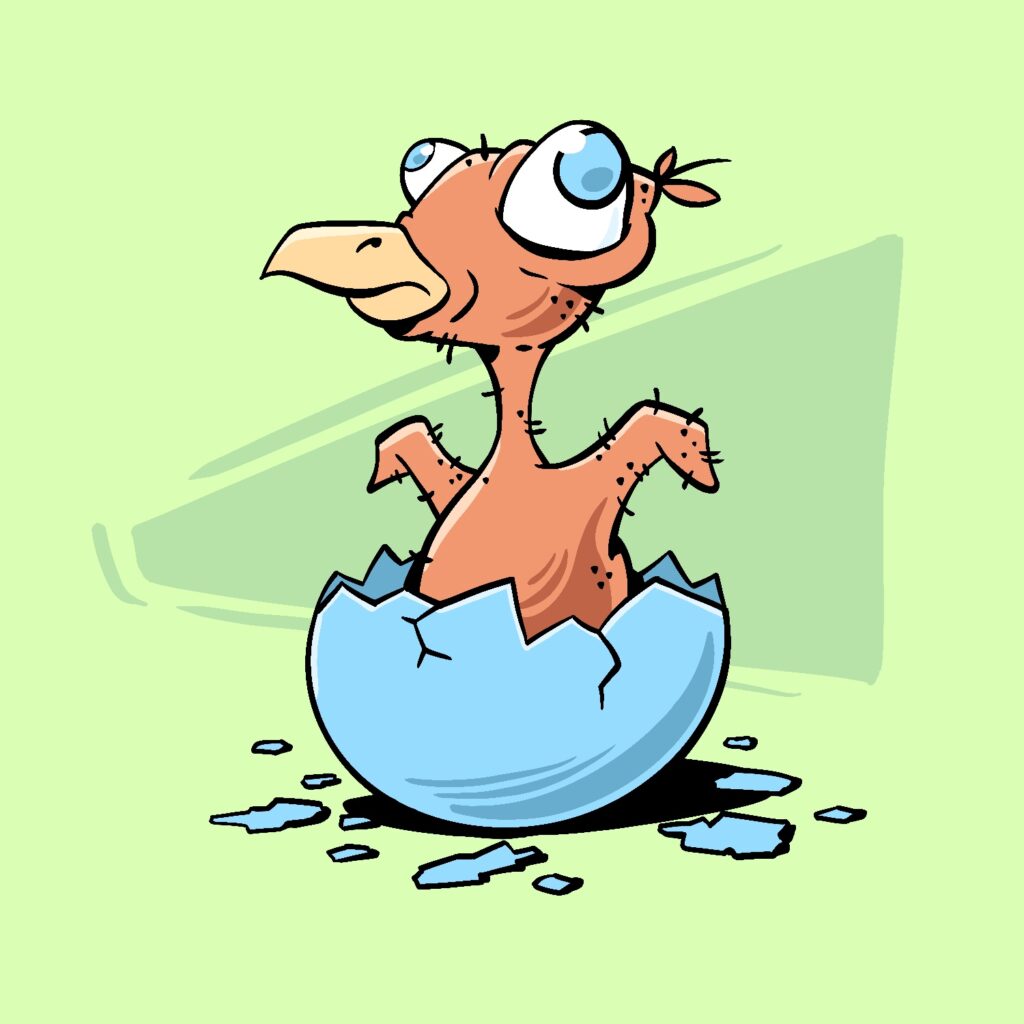 A cartoon illustration of a baby bird who has just hatched from his egg. The baby bird has a large oddly shaped head with bulging eyes, a thin neck leading down to a bulbous body, and silly-looking wings. He has no feathers, except for two tiny ones off the tip of his head. His eyes are shiny and blue, and pointing in opposite directions. He is a salmon pink color, with a gold beak. The broken egg is a light blue, and the background is a pale green with a slightly darker wedge shape behind the bird and egg.