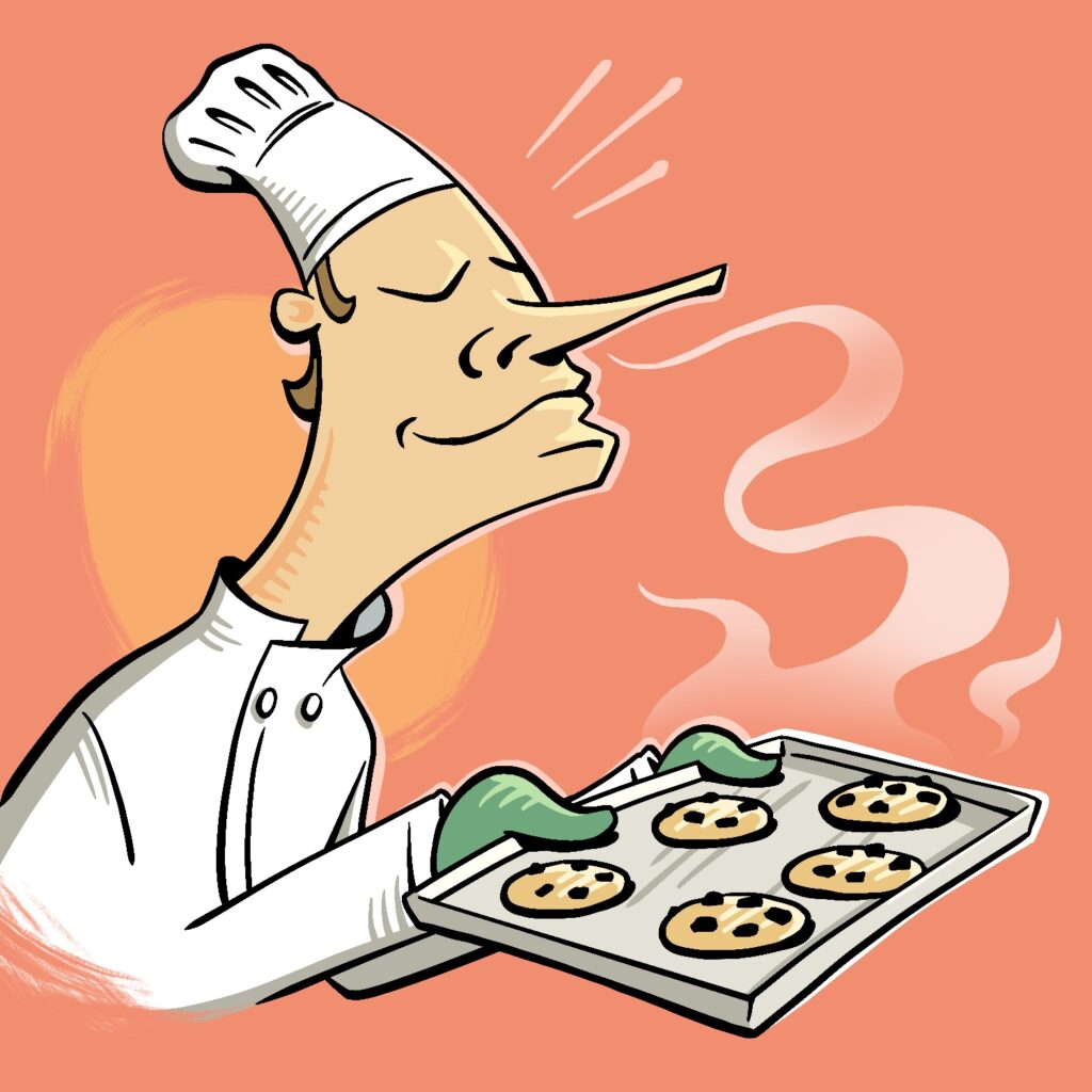 A cartoon illustration of a man in a chef's coat and hat leaning forward and smelling a sheet of cookies he's just baked. The man has a light complexion and brown hair and is drawn in a very stylistic way. His eyes are closed, he has a long nose that sticks out over the tray, and a slight smile on his face. His coat and hat are white, and he has green oven mitts on. The tray he is holding has five chocolate chip cookies on it, and they are emitting a trail of aroma that is wafting up to the man's nose.