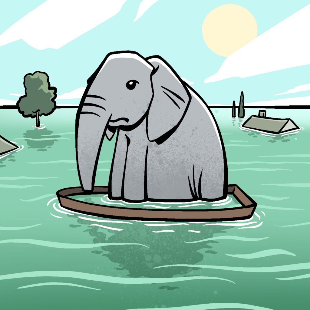 A cartoon illustration of a large elephant sitting in a tiny boat. The boat is capsizing from the weight of the elephant, and the edge of the rim is barely above the water. The elephant is gray and has a detached, sullen look on his face. The water extends all the way to the horizon, and roofs and trees are sticking up from the water. The water is an aqua color with wavy lines flowing over it. The sky is a pale-blue with large white clouds overhead and a pale-yellow sun.