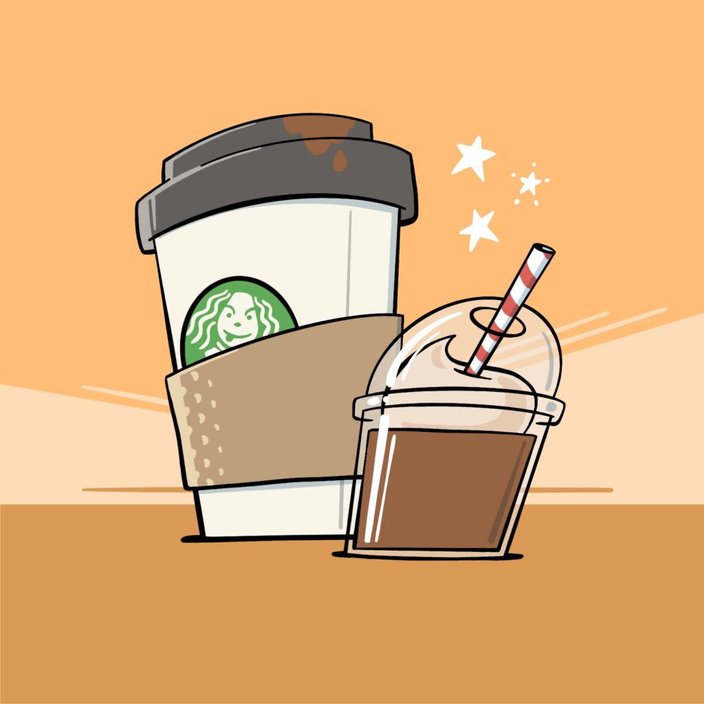 A cartoon illustration of a coffee cup with a smaller coffee cup in front of it, meant as a Father's Day image. The large coffee cup in the back is a paper cup with a black plastic lid and a cardboard heat protection sleeve around the middle. A circular green logo with a woman's face on it is partially visible from behind the sleeve, and a dribble of coffee is coming down the top of the lid. The smaller cup in front is a clear plastic container with a rounded lid and a red-and-white striped straw coming out the top. The coffee drink inside is visible, as well as a dollop of whipped cream on top. The cups are drawn at slightly odd angles and are standing on an orange background that gets slightly darker towards the bottom. Three stars are floating in the air in the space between the cups.