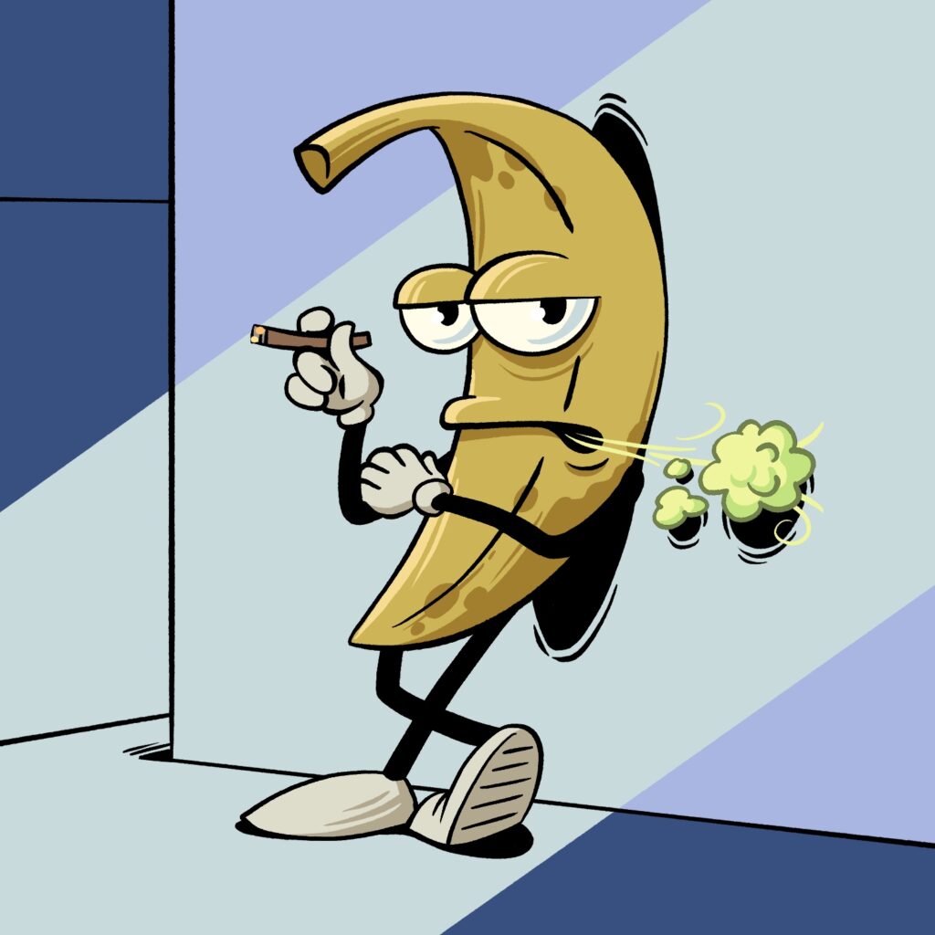 A cartoon illustration of an anthropomorphic banana with bulging round eyes and lanky limbs standing against a wall and smoking a blunt. His arms and legs are crossed, and his eyes are half closed. He is looking at the viewer. His peel is starting to show signs of aging, and he is blowing out a small cloud of green smoke from the corner of his mouth. He is standing against a somewhat abstract background that is just an outline of a wall and another wall running past it, with shades of blue running diagonally across.