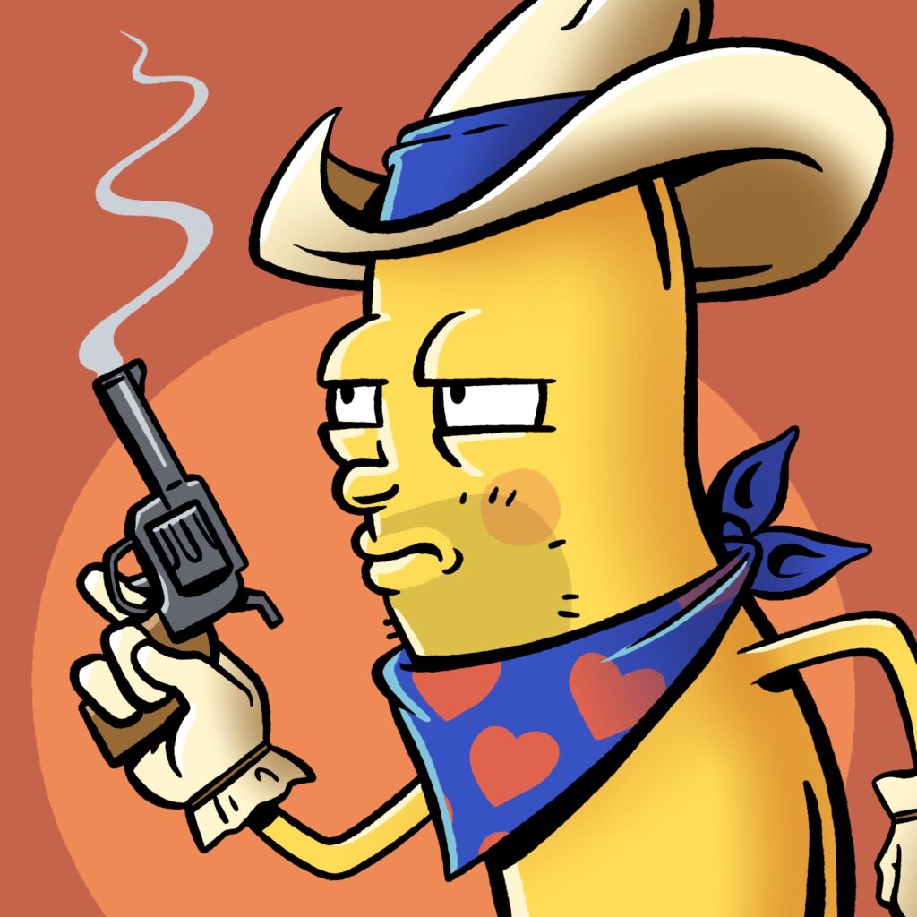 A cartoon illustration of "Twinkie The Kid", a mascot used for Twinkie snack cakes. This version of Twinkie The Kid has him hunched over slightly and squinting at an unseen adversary. He has on his signature white cowboy hat and gloves, and a blue handkerchief with red heard pattern tied around his neck. He is holding a six shooter in his hand, pointed upward. Smoke is coming out of the barrel, as if the gun has just been fired.