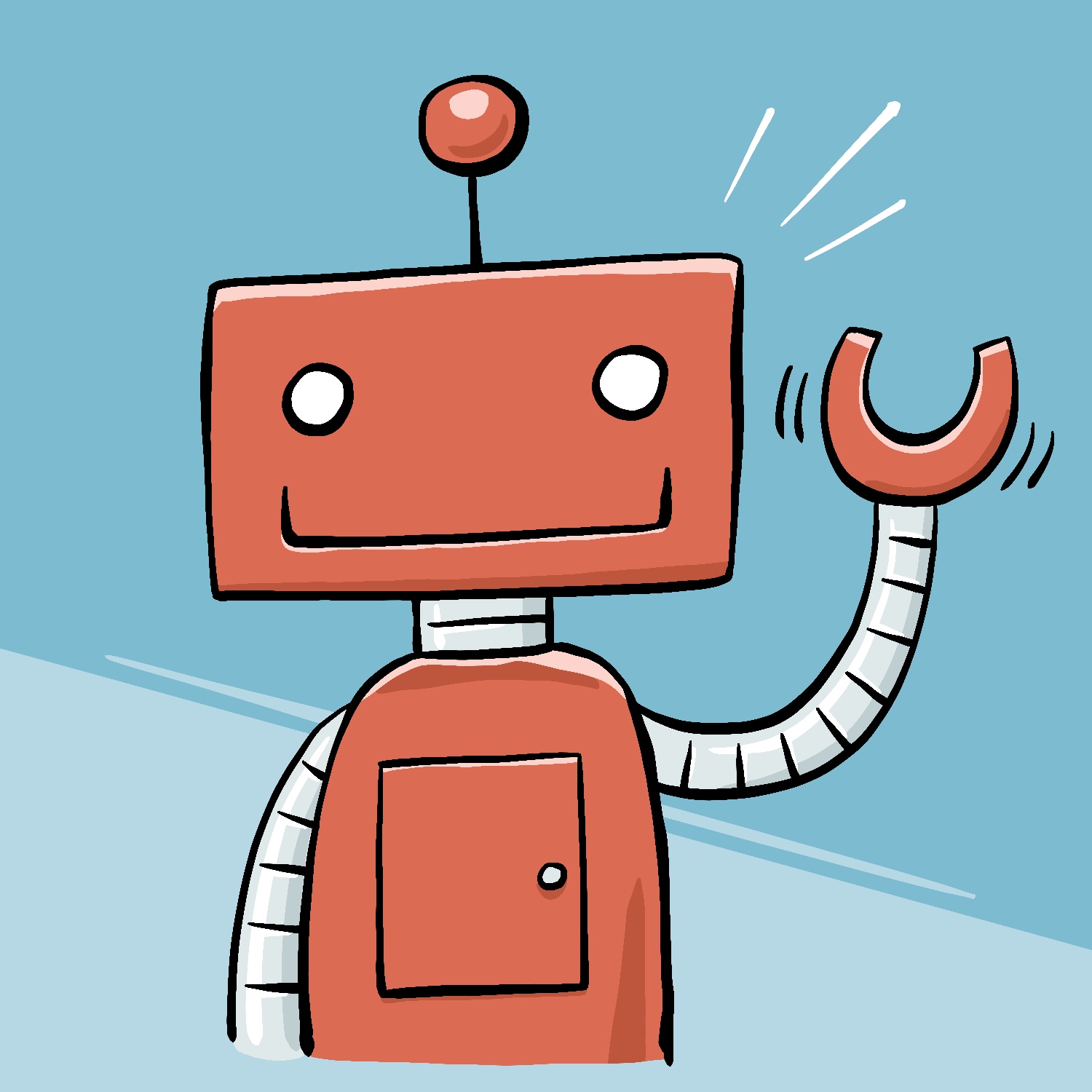 A cartoon illustration of a simple robot smiling and waving at the viewer. The robot has a rectangular head with wide eyes and a wide, angular smile. There is a small antenna on the top of its head, with a round red ball at the end. The robot has a short neck and long arms made of a light gray, jointed metal, and a long red body that continues out of view. His body has a square door on the front. His left arm is up in the air, with his simple clawed hand waving. There are three white lines emanating from his head, and the drawing is set over a light blue background with a light blue cutting through it diagonally.