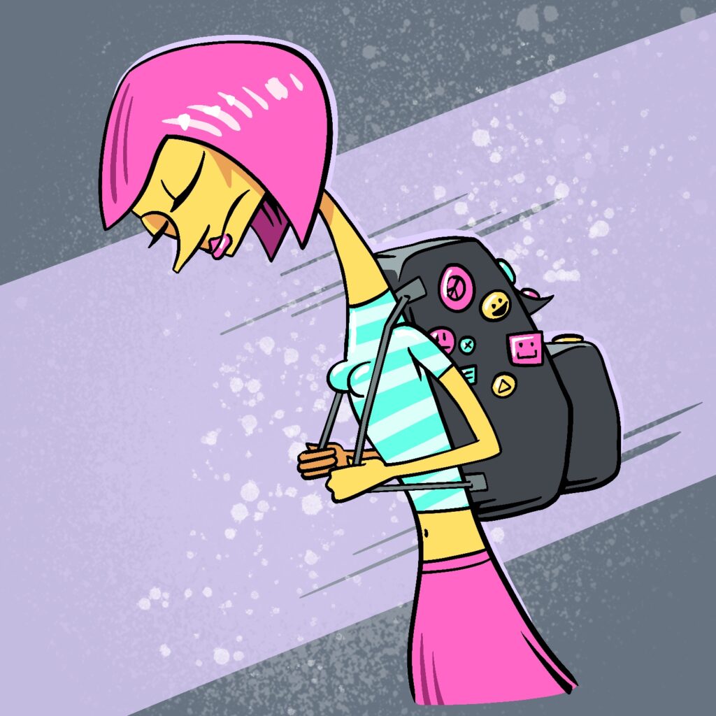 A cartoon illustration of a woman carrying a large backpack. The woman is leaning forward with her head down and eyes closed, as if she is concentrating on carrying the load. She has a bob haircut and a long nose. Her skin is yellow, and her hair and lips are a glossy pink. She is wearing a striped shirt that is bright blue and a pink skirt, with her midriff visible. She has a lanky frame, and her arms are holding the straps of the backpack out tightly away from her body. The backpack is a dark gray, and is covered in colorful buttons in yellow, pink, and bright blue, with emoticons, a peace sign, and other shapes. The background is a cool gray with a light lavender streak across it, and flicks of white spray paint.