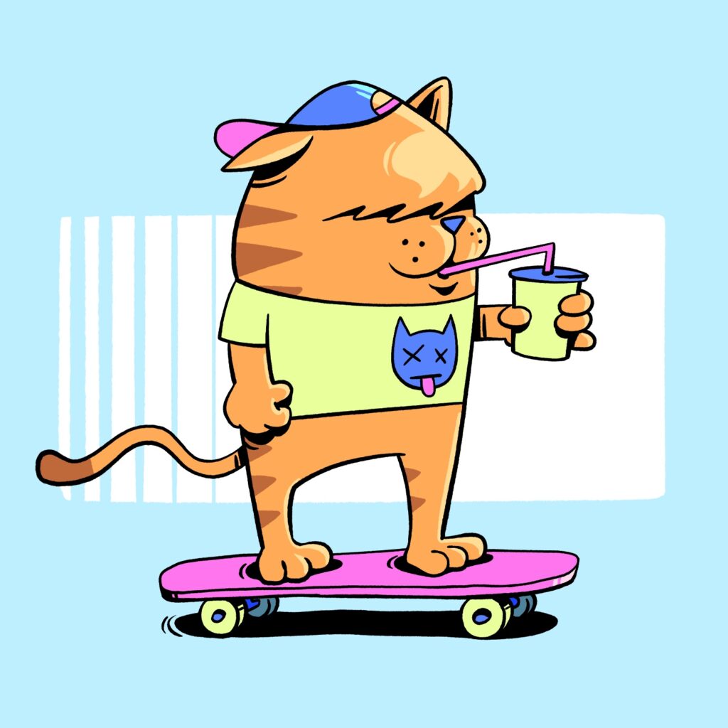 A cartoon illustration of a cat sipping from a drink cup and riding a skateboard. The cat is orange with dark stripes on his back. He has a squat, wide body, and a scruff of shaggy hair covers his eyes. His right arm is at his side, his left arm is extended straight out to hold the drink cup, and his tail is waving loosely behind him. He is wearing a blue and pink baseball hat backward, which bends his right ear down, and a light green t-shirt with a cat head on the front. The cat head has X's for eyes and its tongue sticking out. The drink cup is light green with a blue lid and pink straw, and the skateboard is pink with light green wheels. The background is a light blue with a large rectangular white streak running behind the cat.