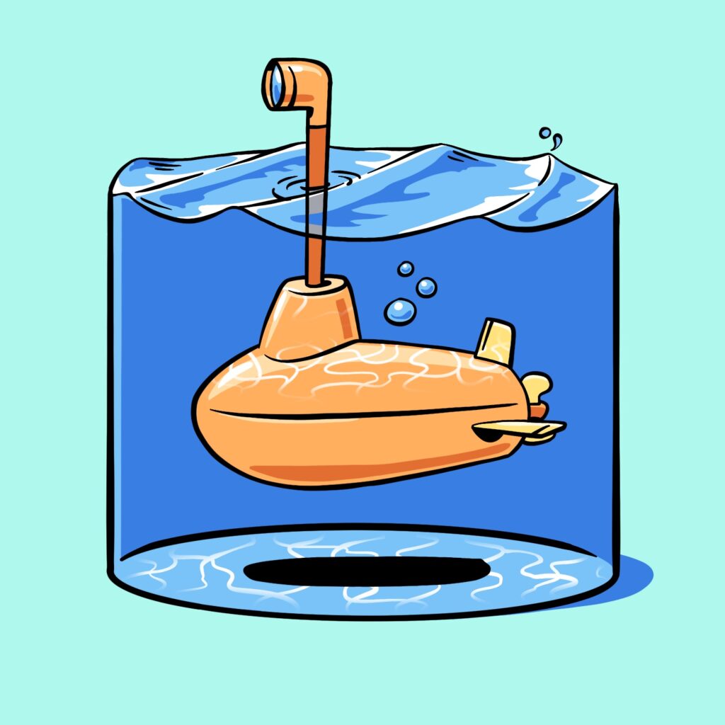 A cartoon illustration of a cylinder of water resting on the ground with a small orange submarine inside. The water is blue, and is contained within an invisible cylinder. The top of the water has ocean-like waves. The submarine is stubby and thick and has yellow fins and a red and yellow propeller. The periscope is up and sticking out of the water's surface. There are three small bubbles coming off the top of the submarine. Refracted light is cast down from the water's surface onto the top of the submarine and the floor of the water below.