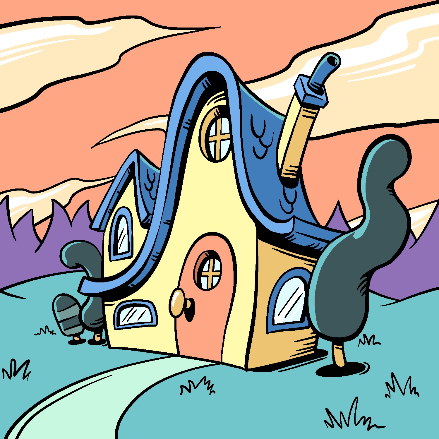 A cartoon illustration of a fantasy house drawn in the style of Dr. Seuss. The house is yellow with a salmon-colored door and sloping blue roof. The roof has a very unrealistic curve to it, sloping up at the apex and down and then up again at the edges. There is a small gable window on the left side, and a chimney angling out of the roof at an impossible angle on the right. The door has an oversized knob and there are windows of various sizes all over the house. The house is flanked by deformed, curvy trees on both sizes, and rests on turquoise grass. A lighter path curves away from the house, and a wall of purple trees lines then background. The sky is salmon-colored, with large pale-yellow clouds angled across.