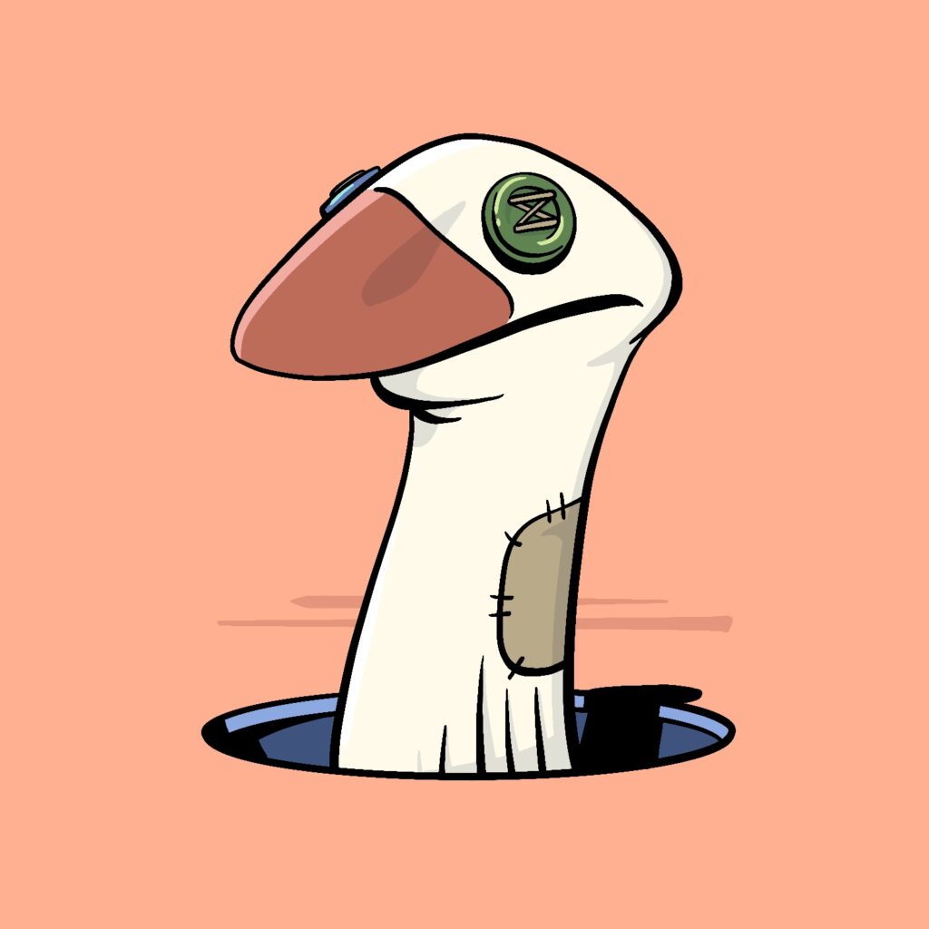 A cartoon illustration of a sock puppet sticking out of a hole. The sock is standing stream up with a slightly downturned mouth, typical of a sock puppet in a "resting" position. The sock is a slight yellow with a red toe, a brown patch halfway down the ankle, and two buttons sewn in place of eyes. The buttons are green and blue, and the string that binds them to the sock is visible. The hole is twice as wide as the puppet and is blue inside. The background is a salmon color with two small horizontal lines behind the sock puppet, hinting at a faint horizon.