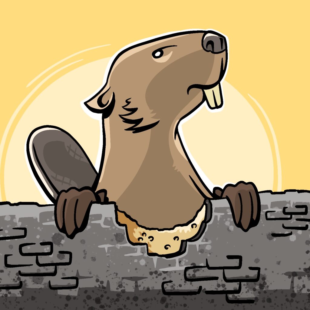 A cartoon illustration of a beaver sitting above a chewed-up log. The beaver has his head cocked back and is staring side-eyed at the viewer. He is brown and has his front paws over the top of the log. His tail is sticking up over the left side. The log is chunky and gray, with thick bark. The portion of the log that is chewed has a hole in the bark and the yellow interior of the tree visible, gnawed down into a small divot.