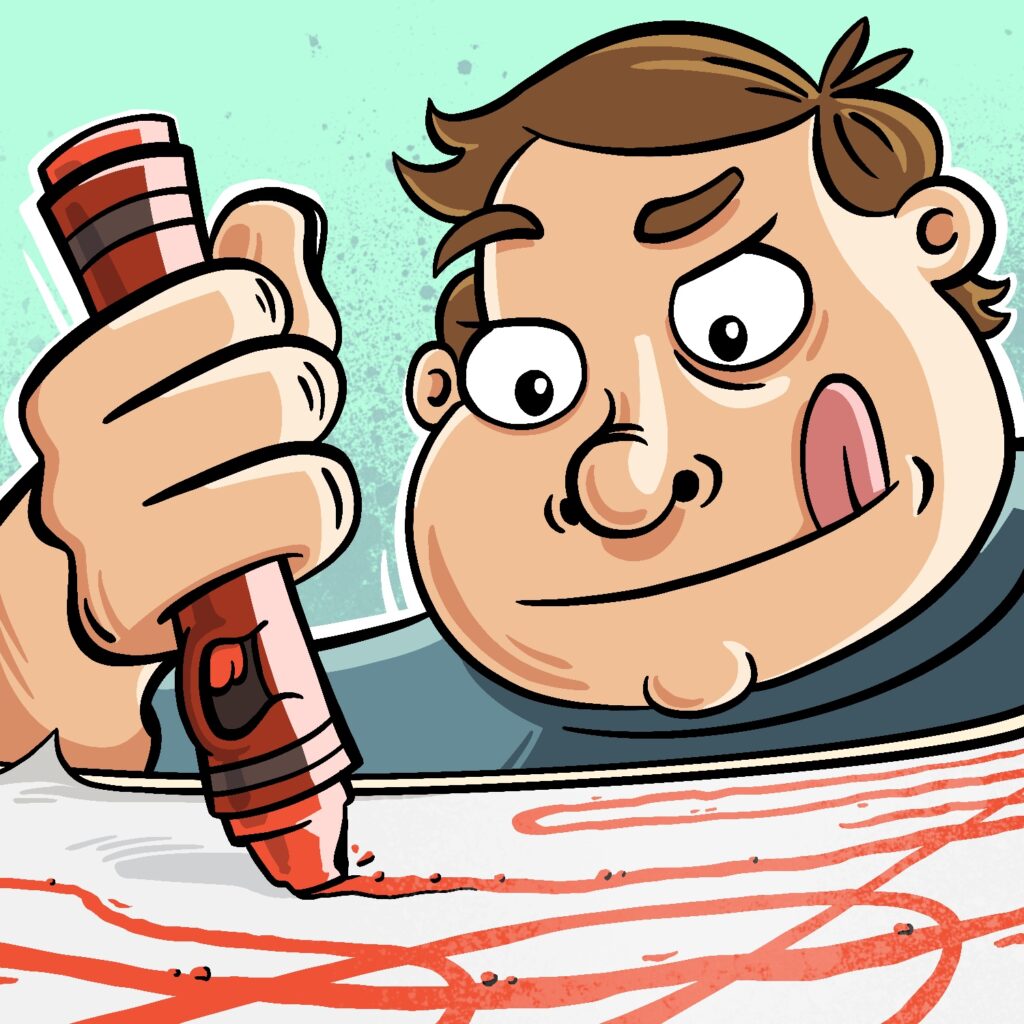 A cartoon illustration of a boy scribbling all over his drawing paper with a red crayon. The crayon and the hand gripping it are in the foreground, and you can see various scribbles on the paper below. The crayon has a small mouth on it that appears to be screaming. The boy is leaning into his work in the background, and has his tongue sticking out and up, as if he's concentrating. The boy has a light complexion, brown hair, and a stubby nose, and he is wearing a gray-blue shirt.