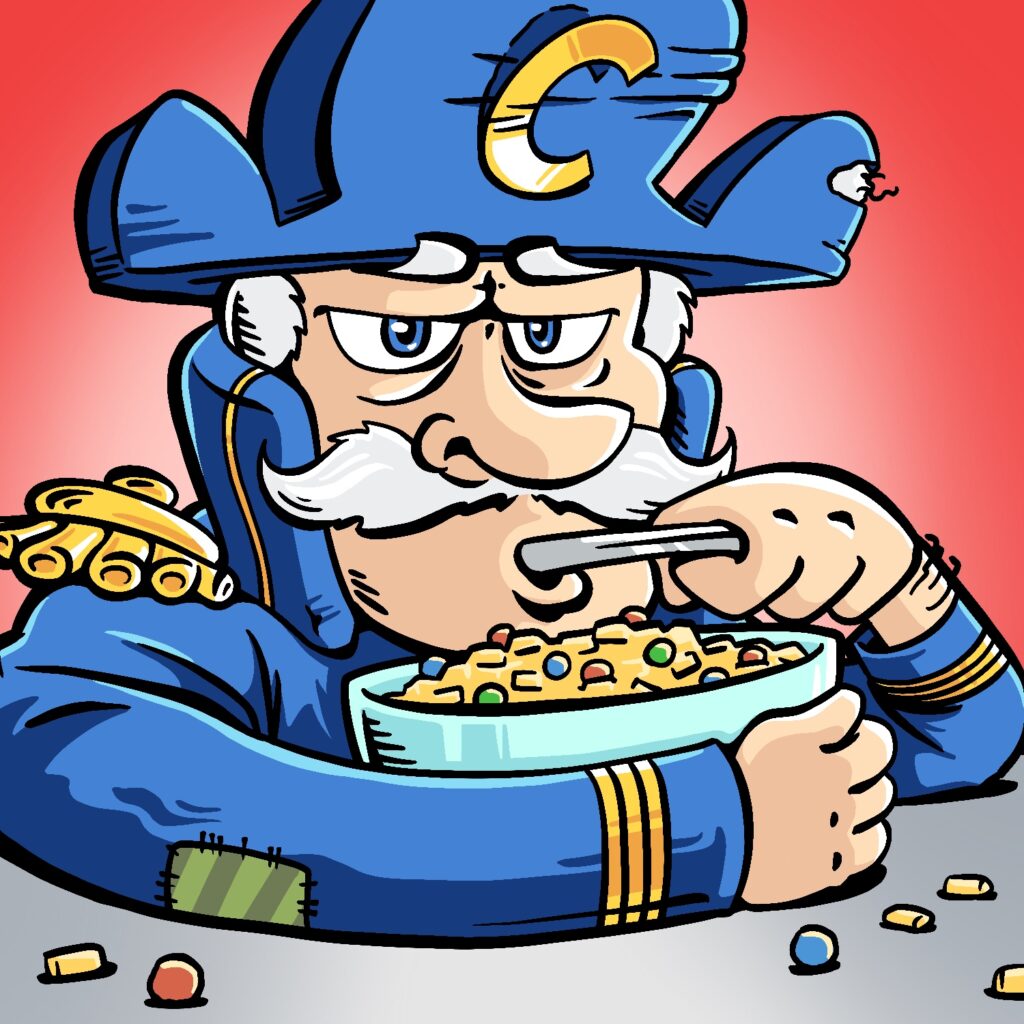 A cartoon illustration of the cereal mascot Cap'n Crunch hunched over a bowl of Crunch Berries cereal, with a spoon in his mouth. He looks concerned and lost. He has a light complexion, a large, curled mustache, and is wearing a blue admiral's outfit, which is in bad shape. It has a patch on the elbow, and his hat has a hole in it. The "C" on his hat is also falling off. There are bits of cereal laying on the table around him.