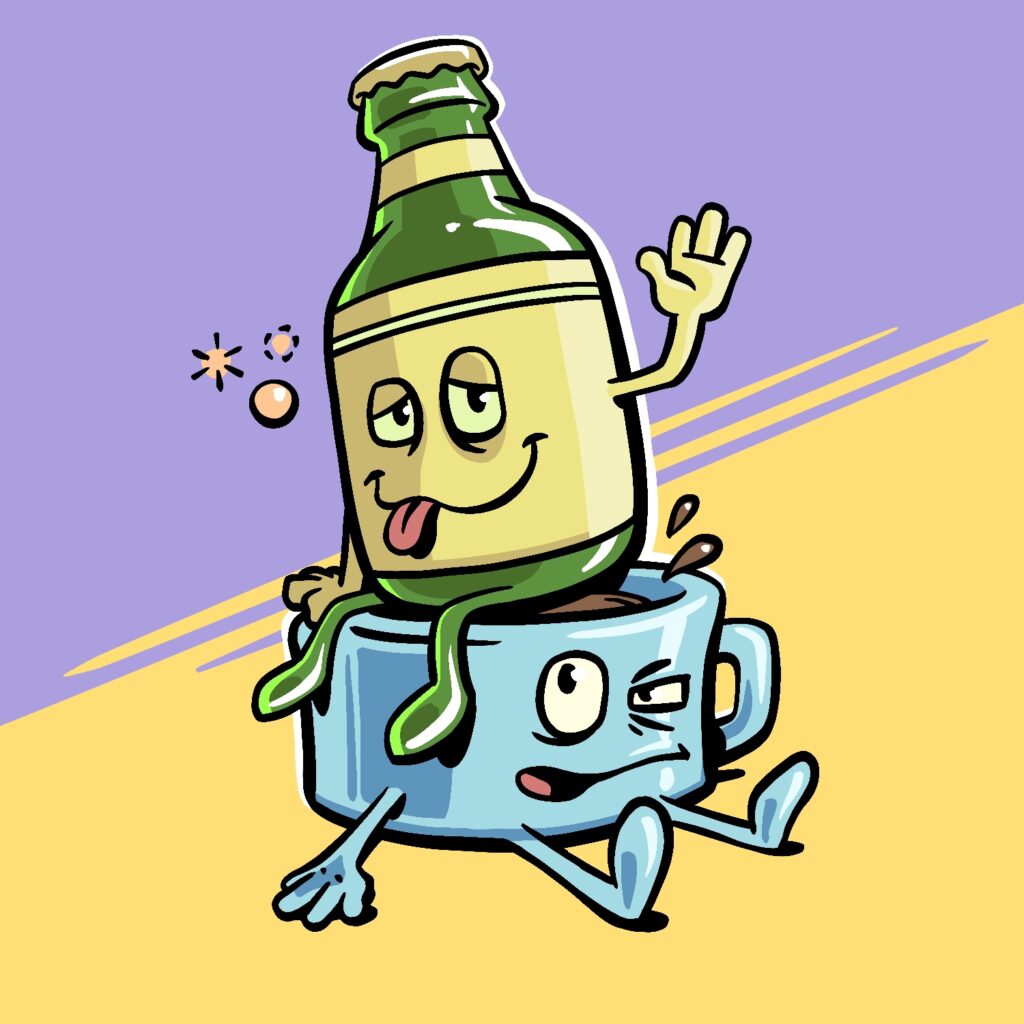 A cartoon illustration of an anthropomorphized beer bottle sitting on top of an anthropomorphized coffee mug. The beer bottle has a drunk look on his face and a bubble popping effect happening in the air in front of him. He is a glossy green with a pale-yellow paper label. He is looking at the viewer and waving. The coffee mug is looking up at the beer bottle with a slightly pained and annoyed look. He is a glossy light blue. He is filled with coffee and some of it is splashing out to the side. The background transitions sharply at an angle between a lavender and gold color, from top to bottom, to represent night and day.