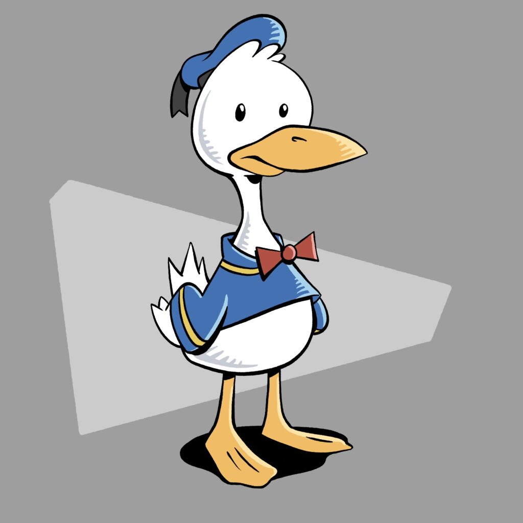 A cartoon illustration of an oddly proportioned duck in a blue sailor's shirt, red bow tie, and sailor's hat. The duck is white with gold beak, legs, and feet, and he has a large round head. He has a blank look on his face. The background is gray with a lighter wedge shape going behind the duck.