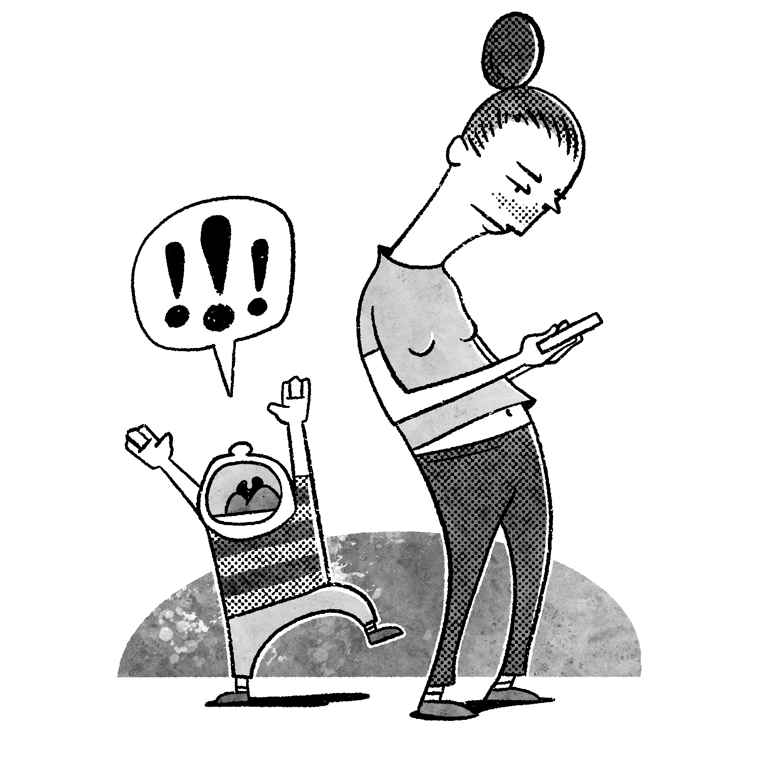 A black and white illustration of a woman standing slumped, staring down at her phone, while her child goes crazy behind her. The woman has her hair up in a bun and looks disconnected from the world. Her belly is slightly visible because of her bad posture pulling her shirt up. The child behind her has his mouth open so wide his eyes are hidden, with his nose at the top of his head. He has his arms up and one leg kicking out, and there is a large word bubble coming from him with only three large exclamation points in it. A gray half circle fills the space behind them.