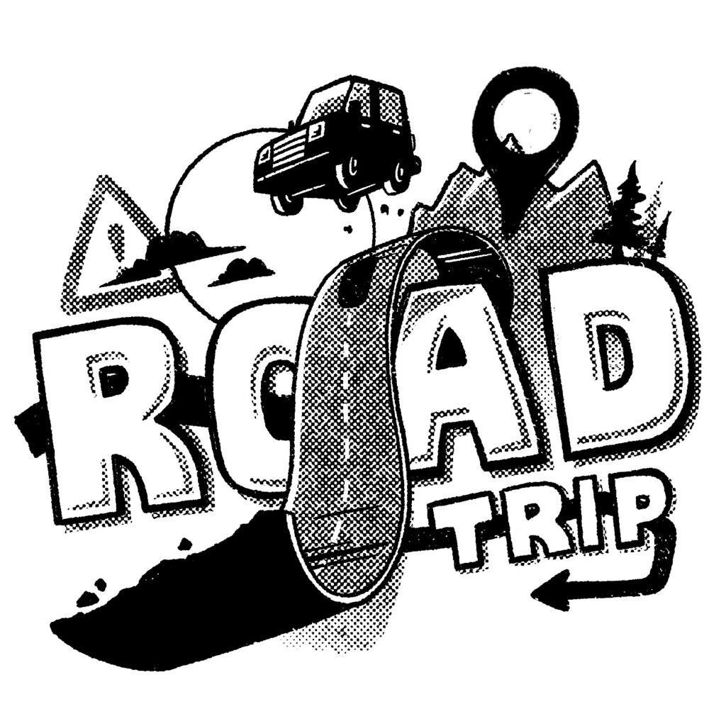 A black and white illustration of a cartoon car flying over a road. The road is curved over the words "road trip" like a ribbon and ends abruptly at the bottom of the image. The other side of it curves to the left behind the words. Behind the car is a large setting sun with two small clouds in front, and to the right is a mountain range and some trees poking out. The mountains have a "destination" marker, typically of those seen in map apps, in front. There is a small arrow, reminiscent of those on road signs, that peeks out from below the road, goes behind the word "trip", and then curves down and back to the left, ending in an arrow point.