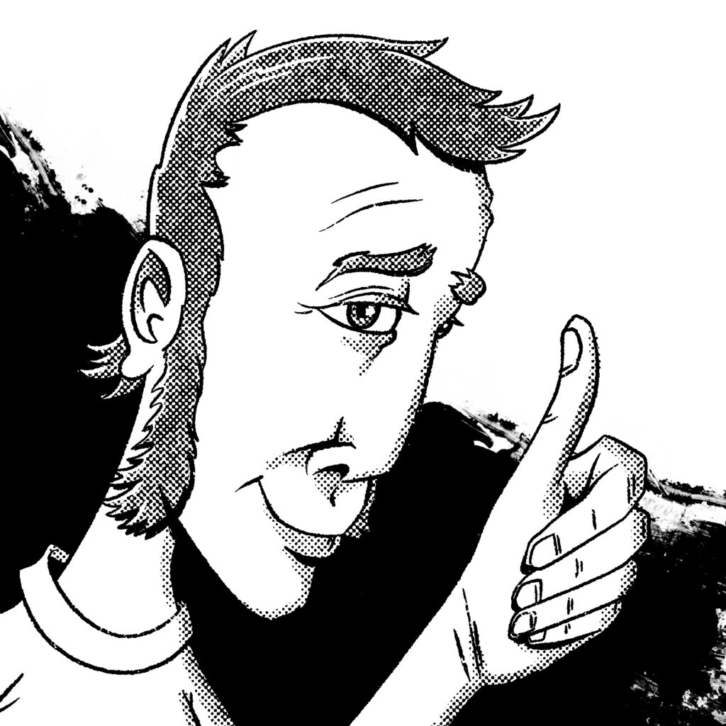 A black and white illustration of a man with a long face and large sideburns smiling lazily at the viewer and giving them a thumbs up. The man's hair is a little long in the back and scruffy. His hairline is receding slightly on his temples, but he has a full head of hair otherwise. He has small crow's feet and wrinkles on his forehead. His head and hand are skewed/distorted, leaning to the right. He is wearing a t-shirt with a loose neck in the back. A wash of black ink fills the bottom half of the background behind him.