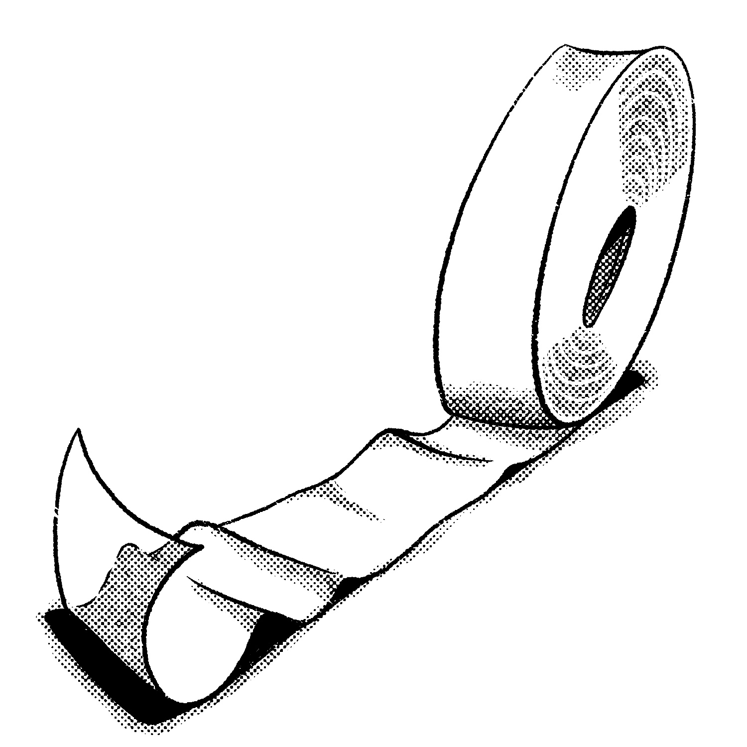 A black and white illustration of a roll of tape that is resting on an invisible plane some distance from the viewer, with a line of unrolled tape trailing off towards the viewer. The tail has some lumps and folds and curls up into the air and back towards the roll at the end. The roll has a dark spool in the middle.