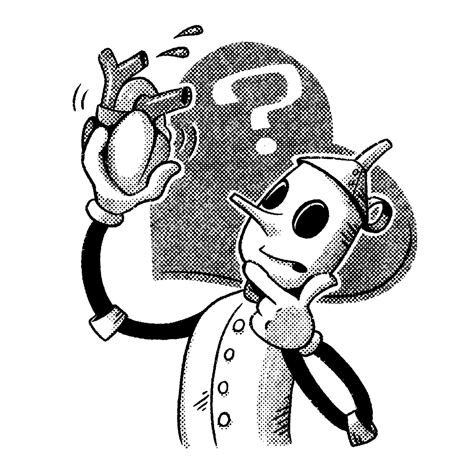 A black and white illustration of a cartoon Tin Man from The Wizard of Oz holding up a human heart and staring at it inquisitively. The Tin Man's face has a puzzled expression, and he is holding his chin with his thumb and index finger. His eyes are hollow and an empty black. The heart is proportioned in a semi-realistic way, and lines to the sides of it indicate that it is still beating. Droplets of blood are flying out of it. A cartoon heart fills the background between the Tin Man's head and the heart, with a question mark made from negative space within.